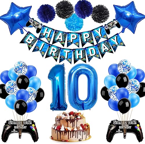 53 decoraciones de cumpleaños número 10 para niños, suministros de fiesta de videojuegos azules, incluye pancarta de feliz cumpleaños, globo del