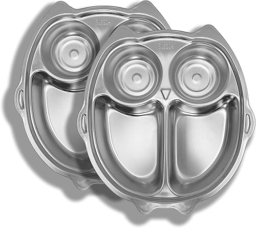 Song & Co Platos de acero inoxidable para niños, diseño de búho, perfectos para niños pequeños y niños, juego de 2