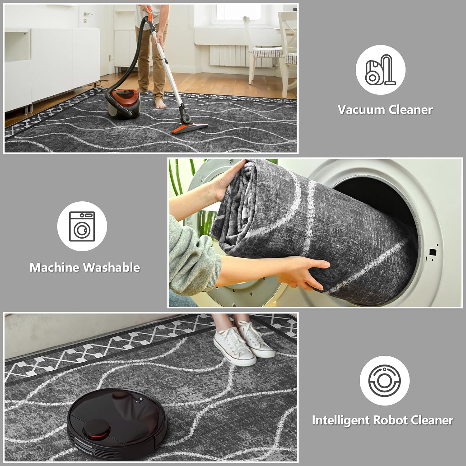 DweIke 4x6 Area Rugs for Living Room, Machine Washable Bordered Rug for Bedroom, Luxury Rubber Backing (Non-Slip) Low Pile Throw Carpet for Dining Room Kitchen Home Decor, Black Grey