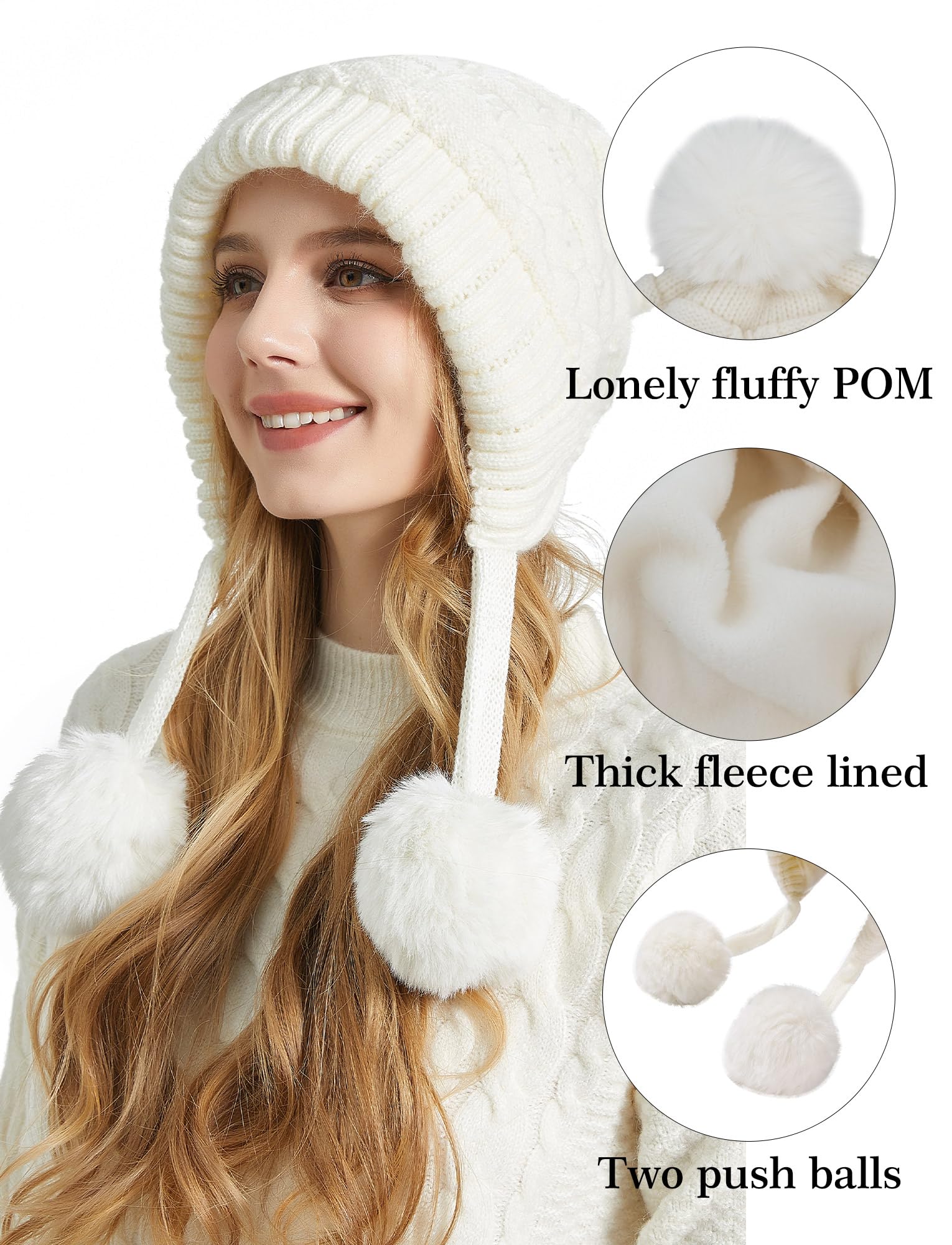FEOYA Berretto invernale da donna con pompon, in pelliccia sintetica, caldo, foderato in pile, con paraorecchie