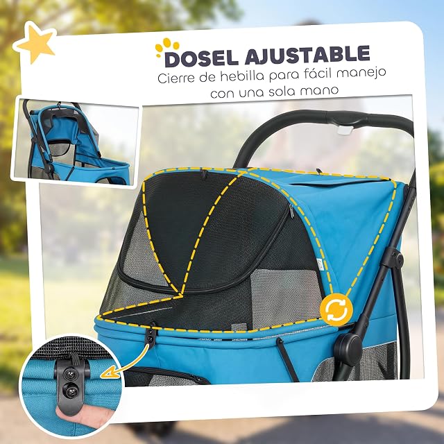 Foto 6 de 8 de PawHut Carrito para Perros Plegable 3 Ruedas Frenos 92x63x95 cm Azul