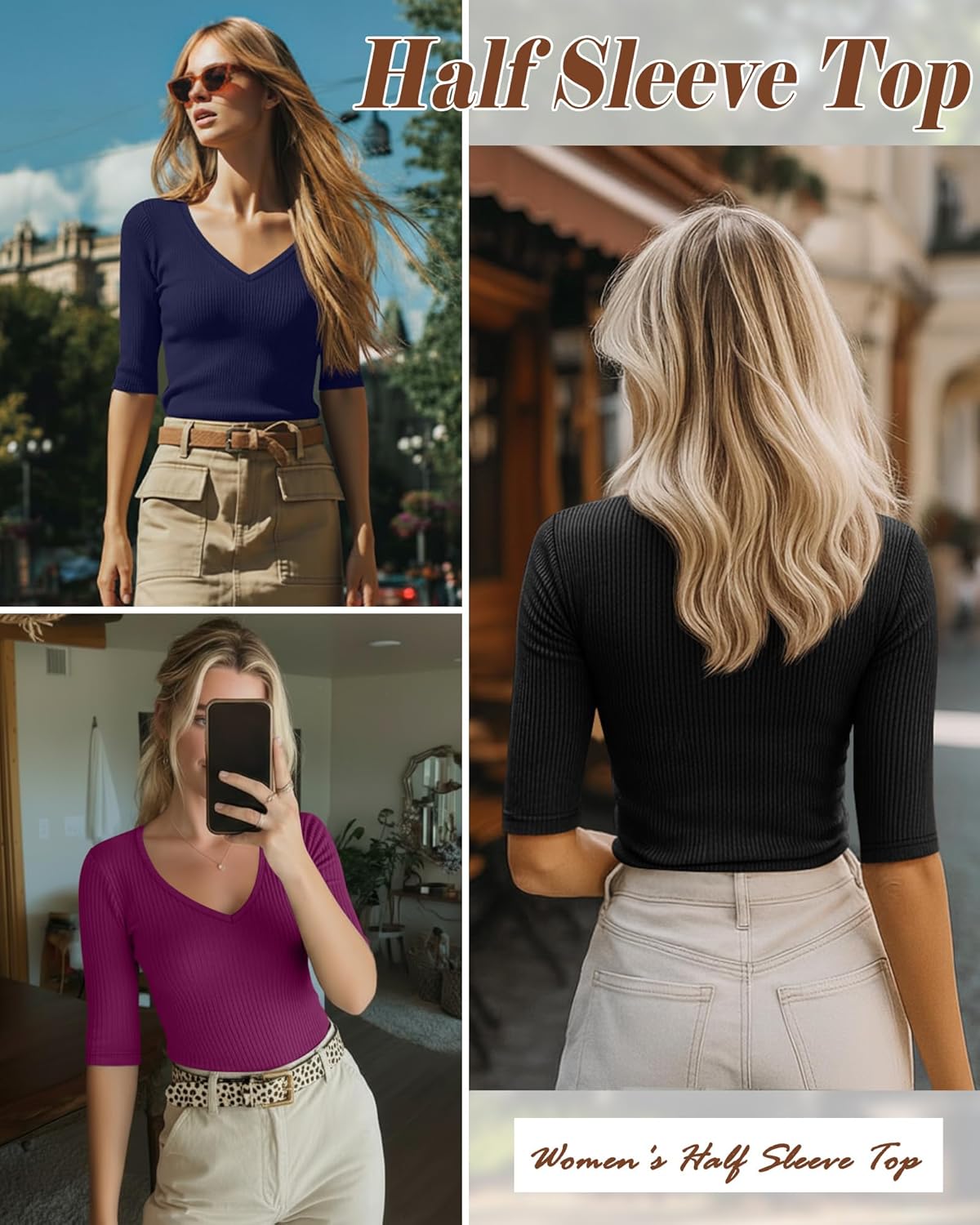 Riyiper 3 Pack Women's Half Sleeve Top Elbow Length Ribbed Cotton T Shirt Women V Neck Summer Tee Slim Fit Casual Blouses - Image 4