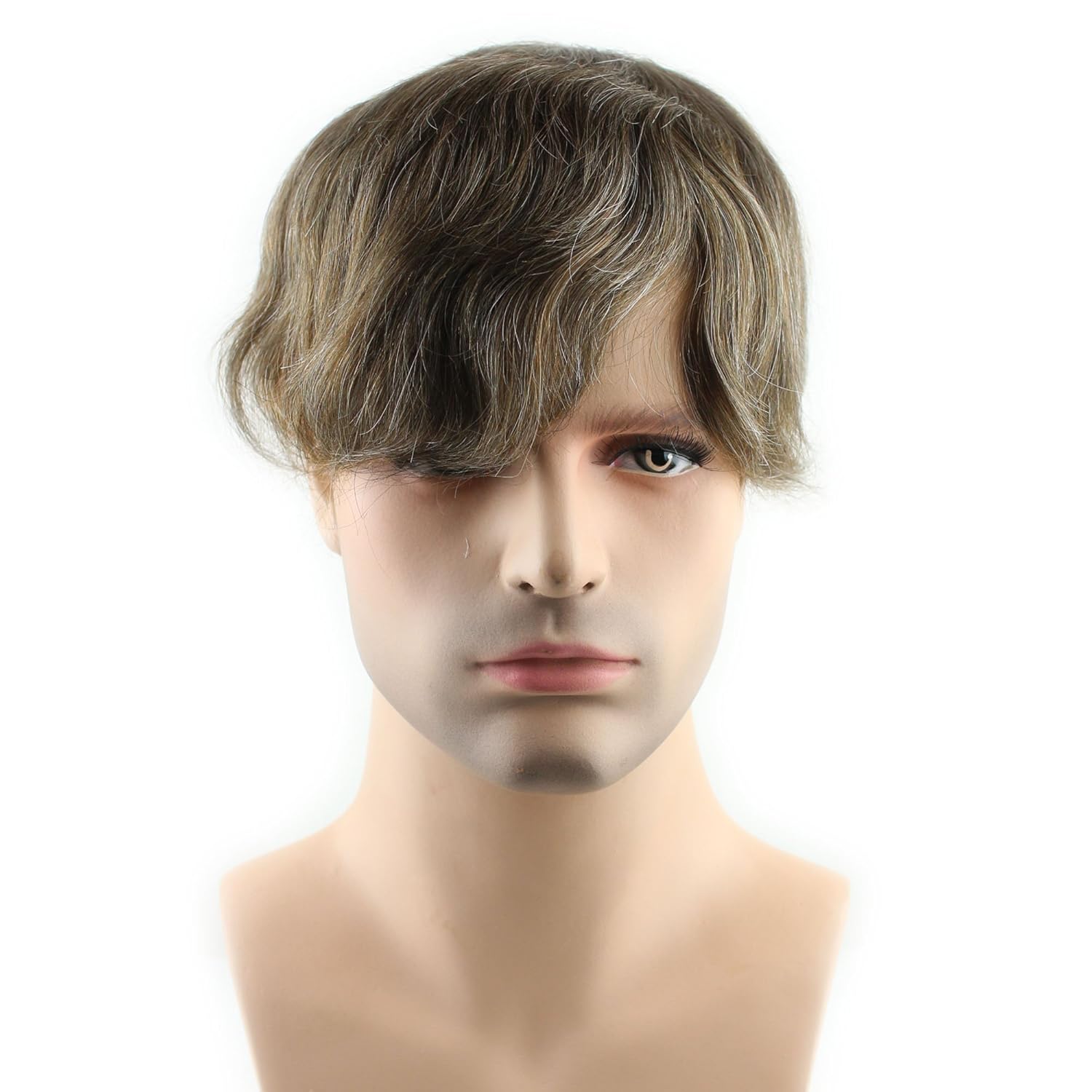 Dreambeauty Men's Toupee 10"×8" European Virgin Human Hair Thin Skin Mens Hair pieces Hair Replacement System Monofilament Net with PU around Base for Men (7# color mix 5% Grey Synthetic Hair)