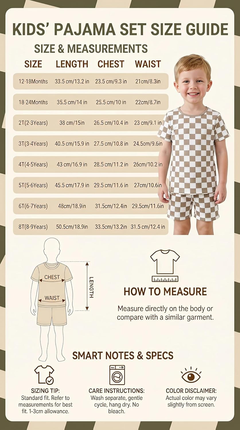 OPAWO Bamboo Pajamas Toddler Boy Clothes Checkered Tee and Shorts 2 Piece Summer Bamboo Baby Pajamas Sleepwear Pjs Set 12M-5T