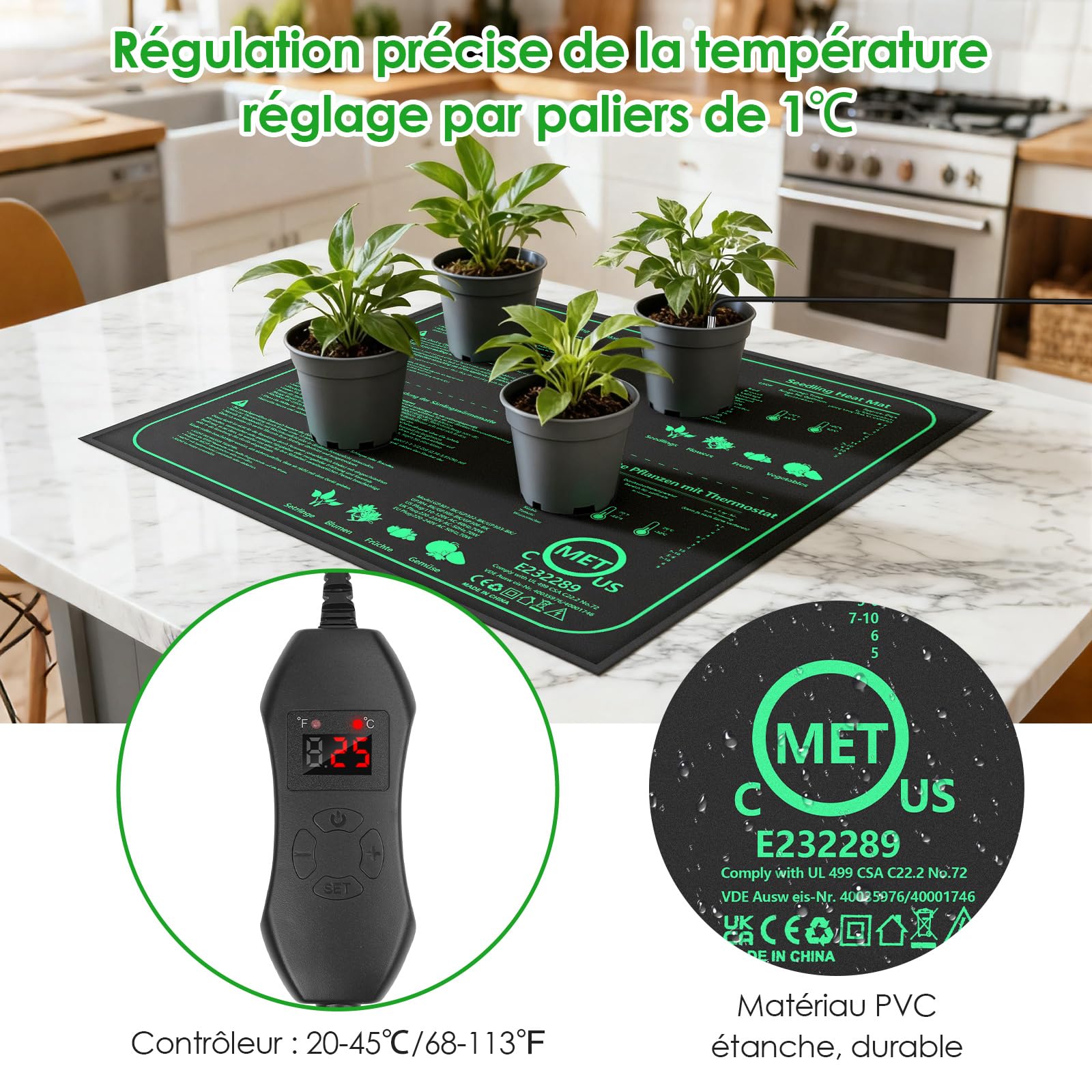 Thermostat Terrarium Tapis Chauffant 70W, 52×50cm IPX4 Étanche, Fil Chauffant en Silicone et Coton Aiguilleté, Tapis Chauffant Plante avec Contrôleur, 20-45℃, pour Semis, Animaux et Reptiles