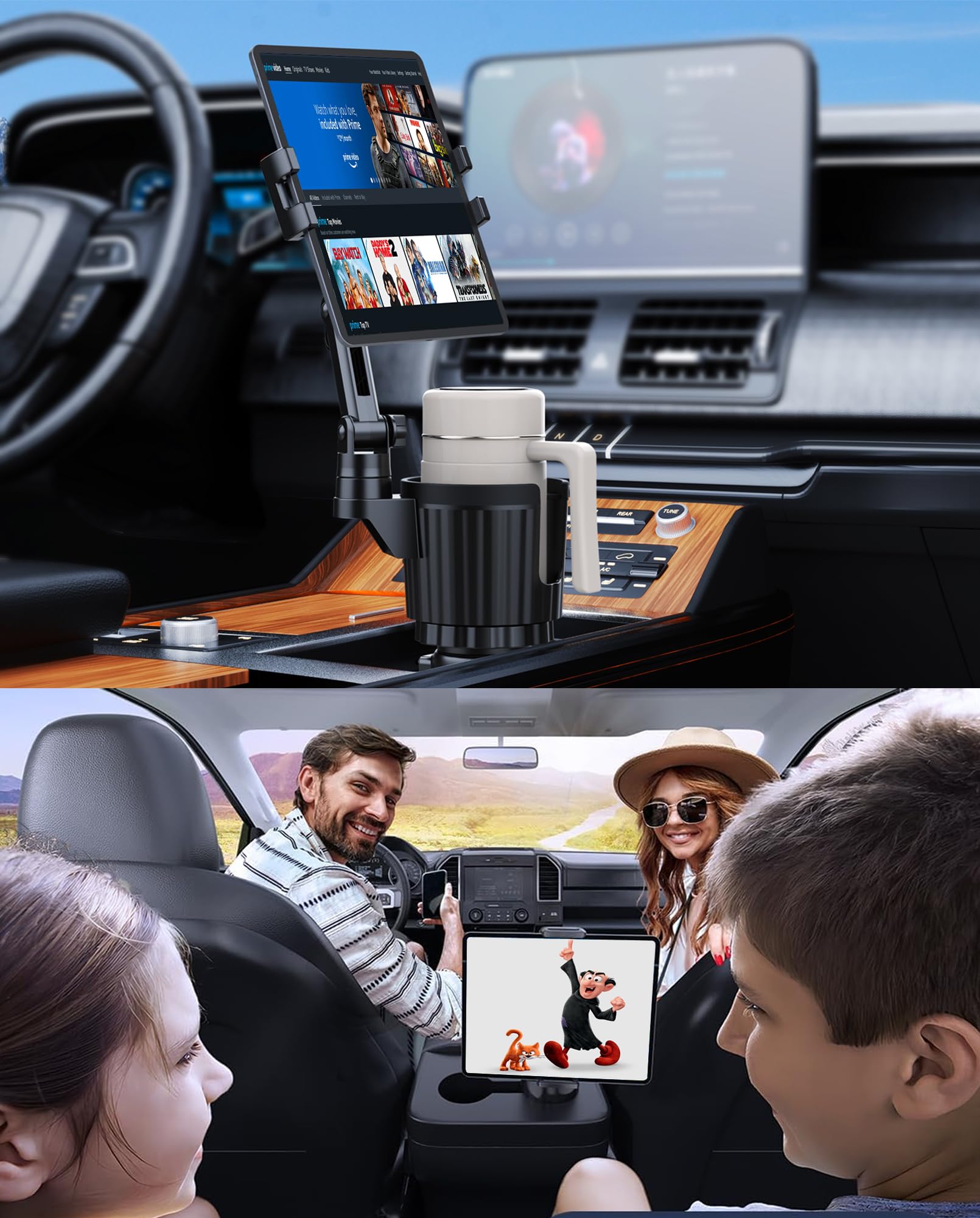 Support pour Tablette avec Porte-gobelet, Support pour Voiture avec Porte-gobelet pour iPad et Bras réglable pour Tablette iPhone 3-13 Pouces, iPad Pro Air Mini, Fire, iPhone 15, Galaxy S24 Z Fold 5