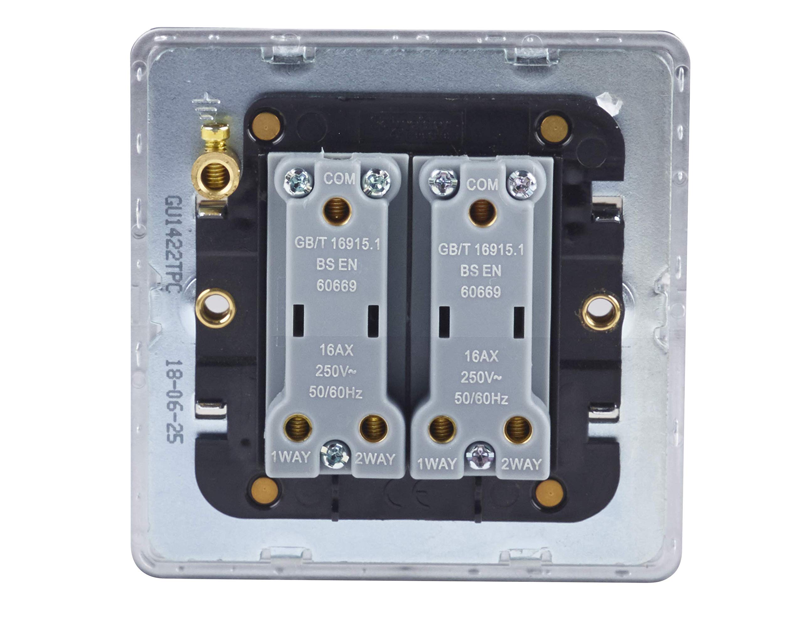 Schneider Electric Placca piatta senza viti – Interruttore a doppia levetta a 2 vie, polo singolo, 16AX, GU1422TPC, cromo lucido