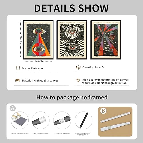 Miniatura 3 de ANVOTIG 3 piezas de arte de pared retro hippie de los años 70, póster de arte de ojos psicodélicos de los años 70, lienzo con cita inspiradora,