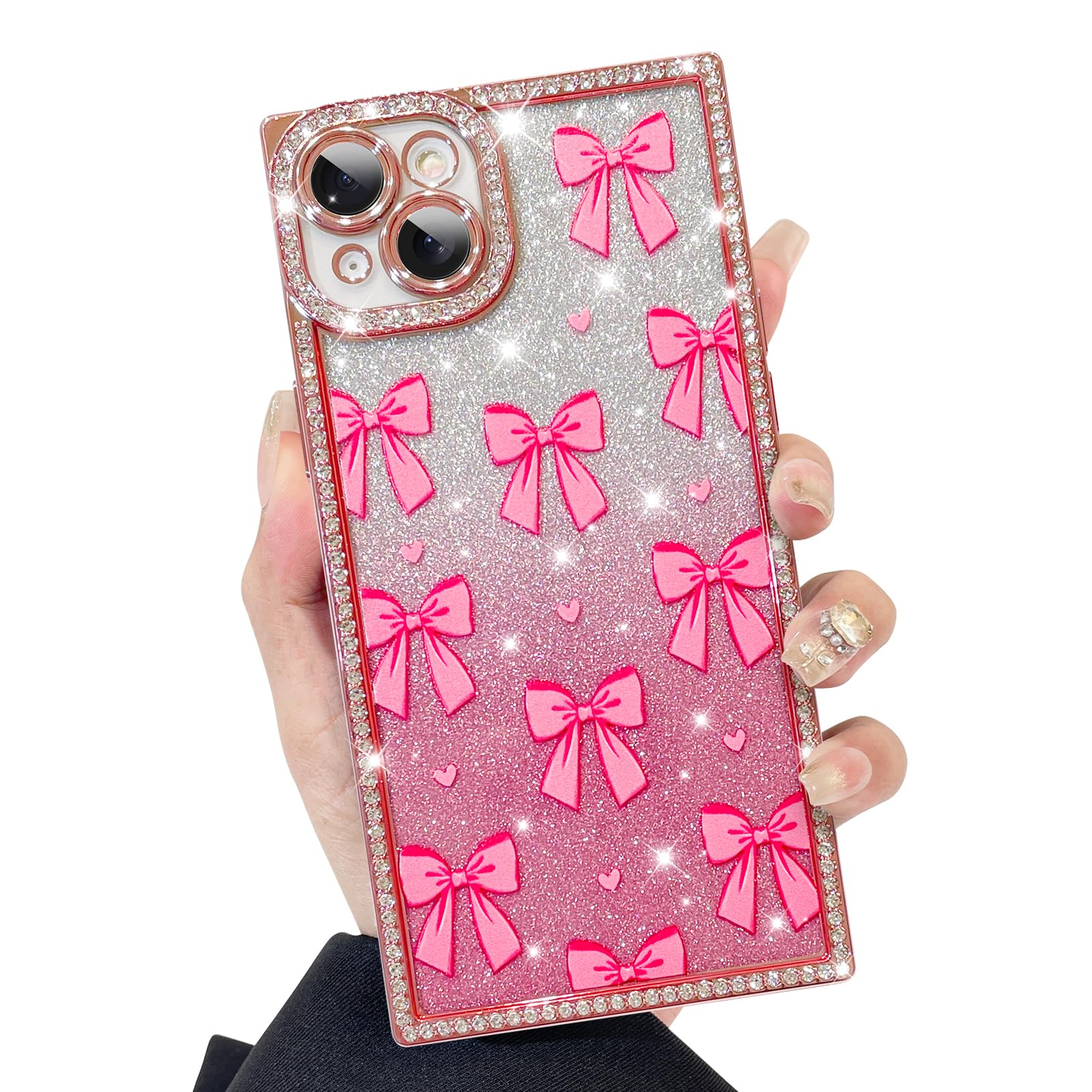 KANGHAR Designed for iPhone 15 Plus/14 Plus Case Glitter Bows Hearts Print Pattern Design Case Anti-Scratch Shockproof Bumper Protective Bling Sparkly