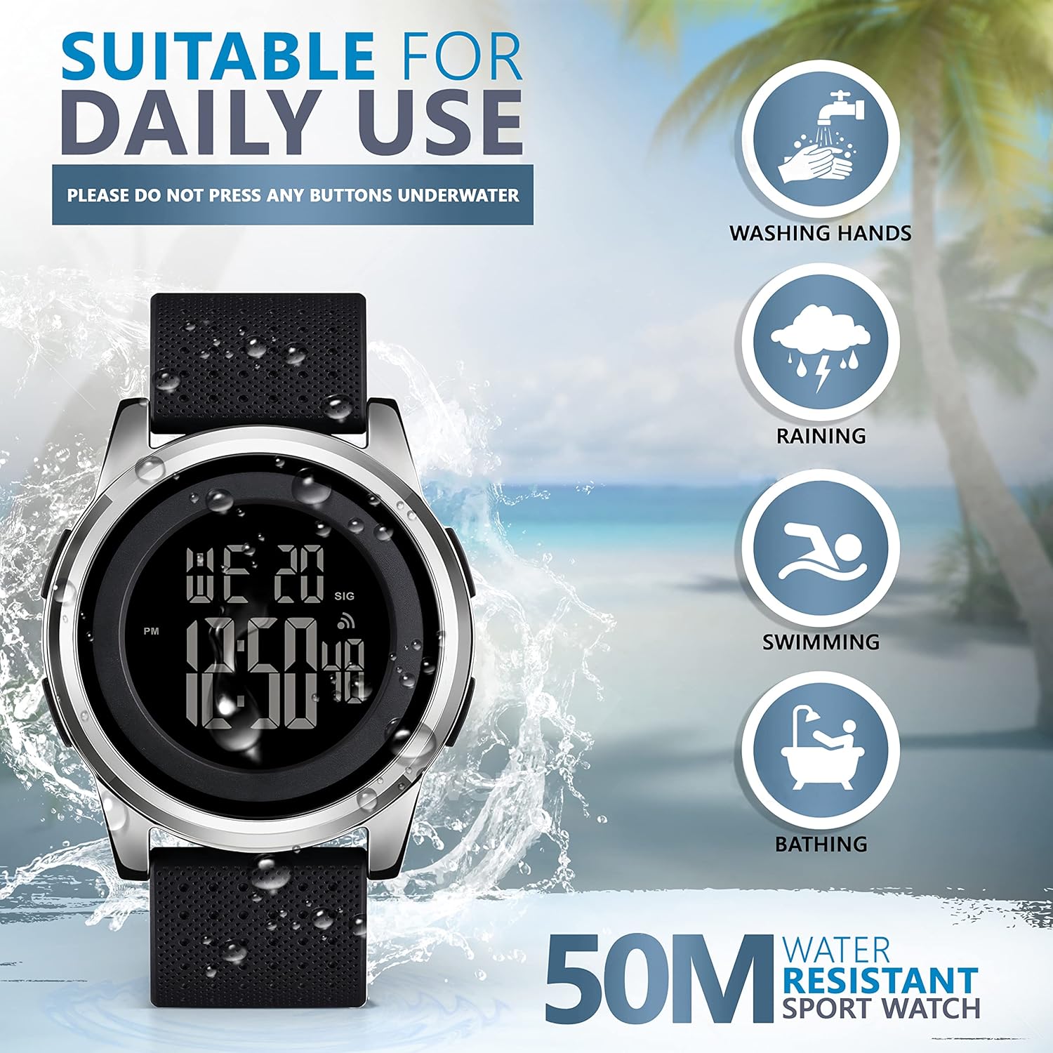D DASH Digital Watch Water Resistance