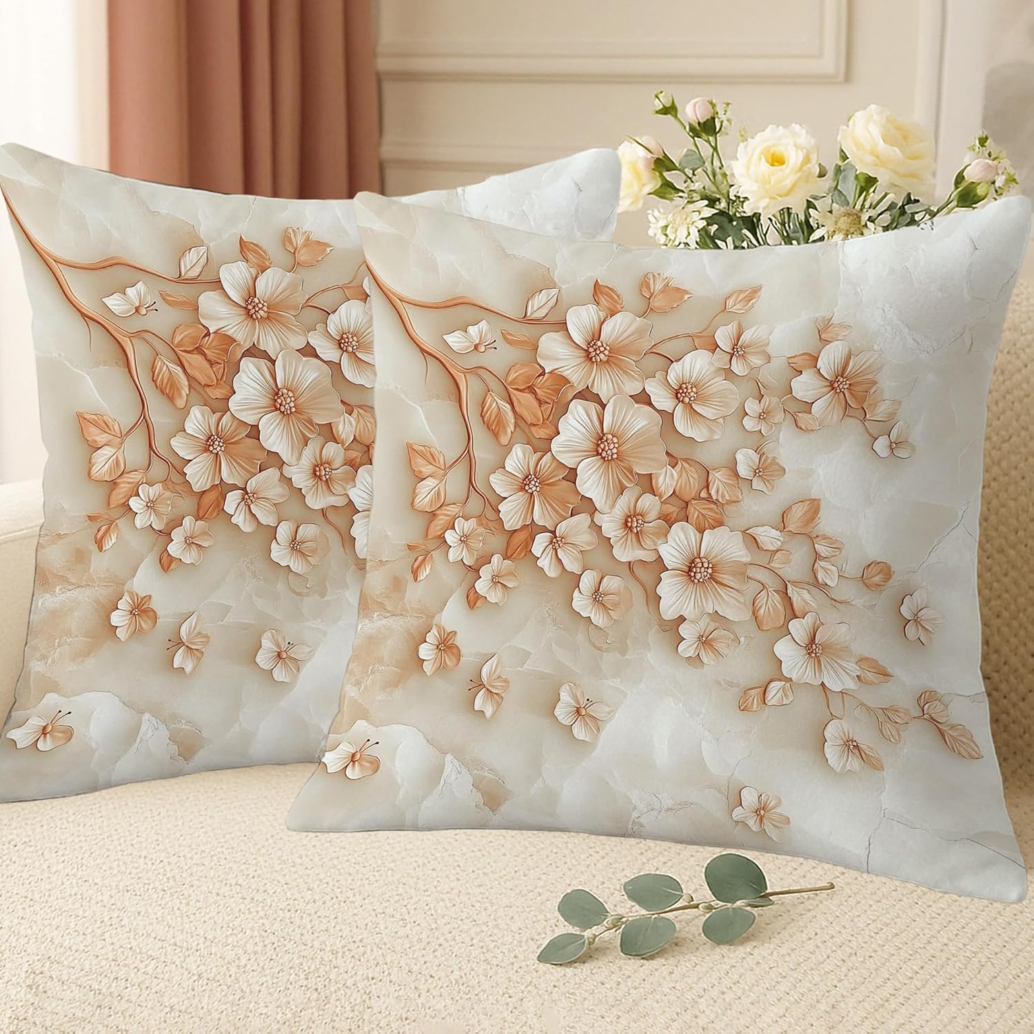 3D Floral Print with Peach Blossoms with Marble Pattern Background Decorative Throw Pillow Covers Set of 2, Spring Decor for Couch Sofa Bed Decorative Cushion Cases, Coral, 28x28 Inch
