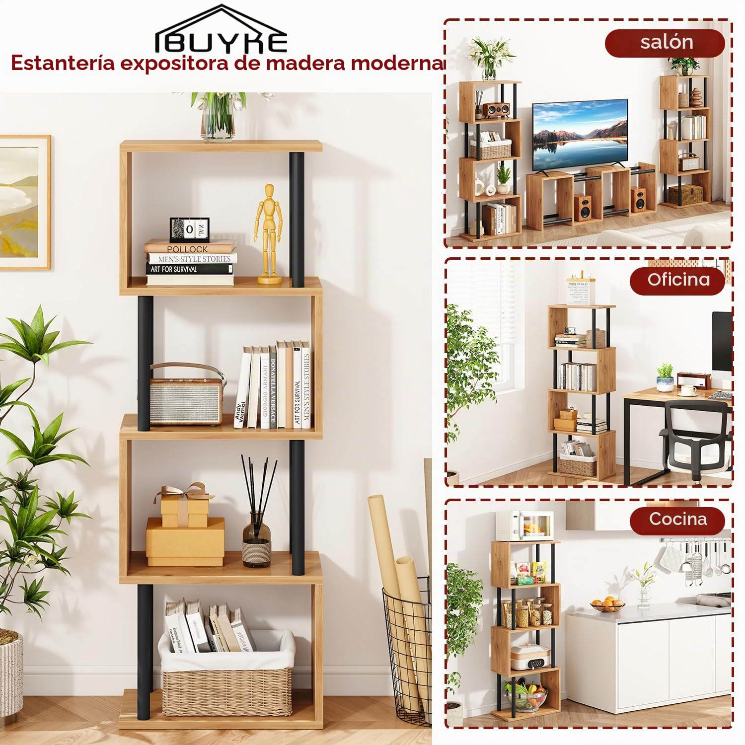 IBUYKE Libreria Estanteria Moderna,Librería En Forma De S De 5 Niveles,Estantería De Exposición,Librería Vertical Almacenaje para Sala De Estar, Dormitorio, Oficina En Casa,Roble WBC015W