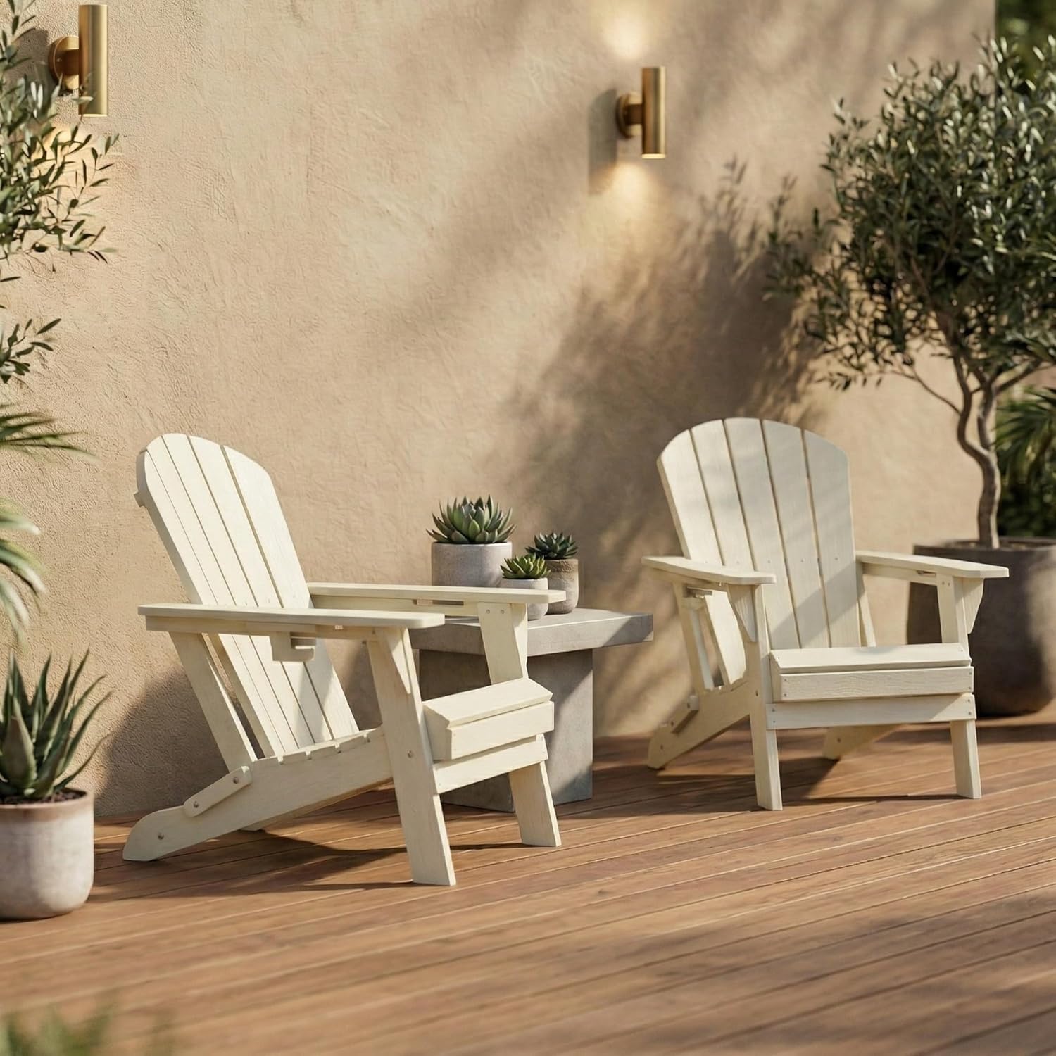 Kingdura Folding Adirondack Chairs Set of 2, Portable HDPE All Weather Resistant Outdoor Patio Chair, Wooden Textured with Cup Holder, 380LBS Capacity for Poolside, Backyard, Fire Pit (White)
