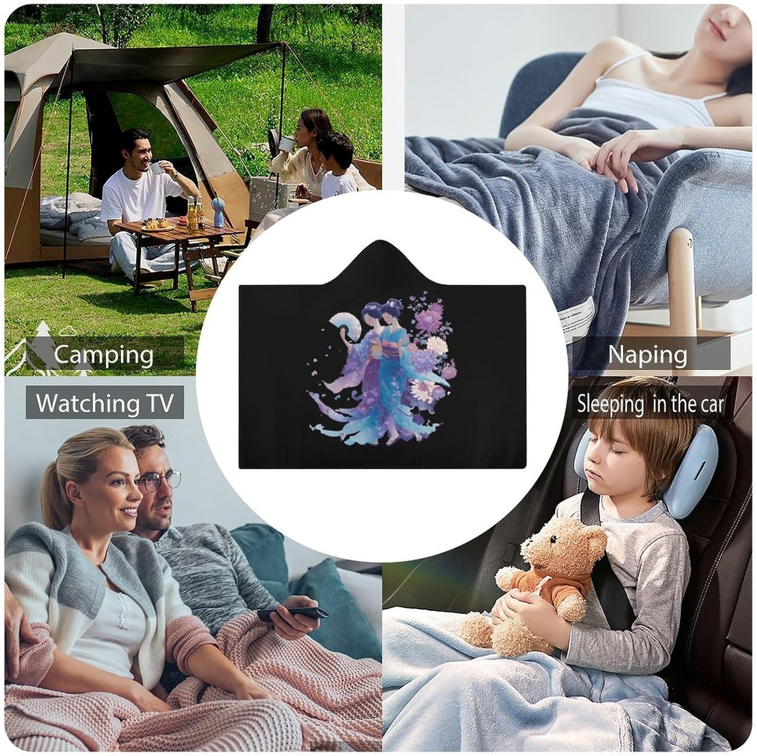 Kimono Dancing Geisha Beauty Wearable Blanket Oversized Throw Cape | Cozy Hooded Blanket Gifts for Women Men