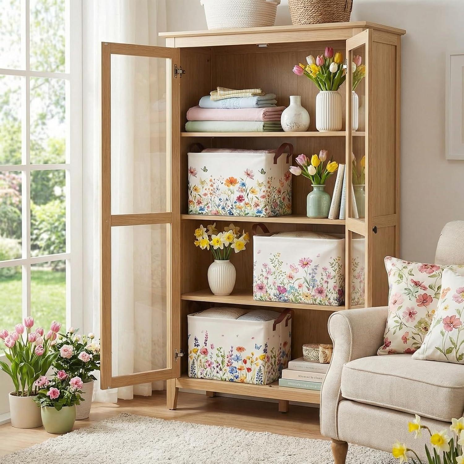 3 Pcs Spring Floral Storage Baskets for Gifts Empty Collapsible Watercolor Flowers Large Watercolor Flowers Storage Bins Rectangle Clothes Butterfly Shelf Laundry Basket Organizer for Home