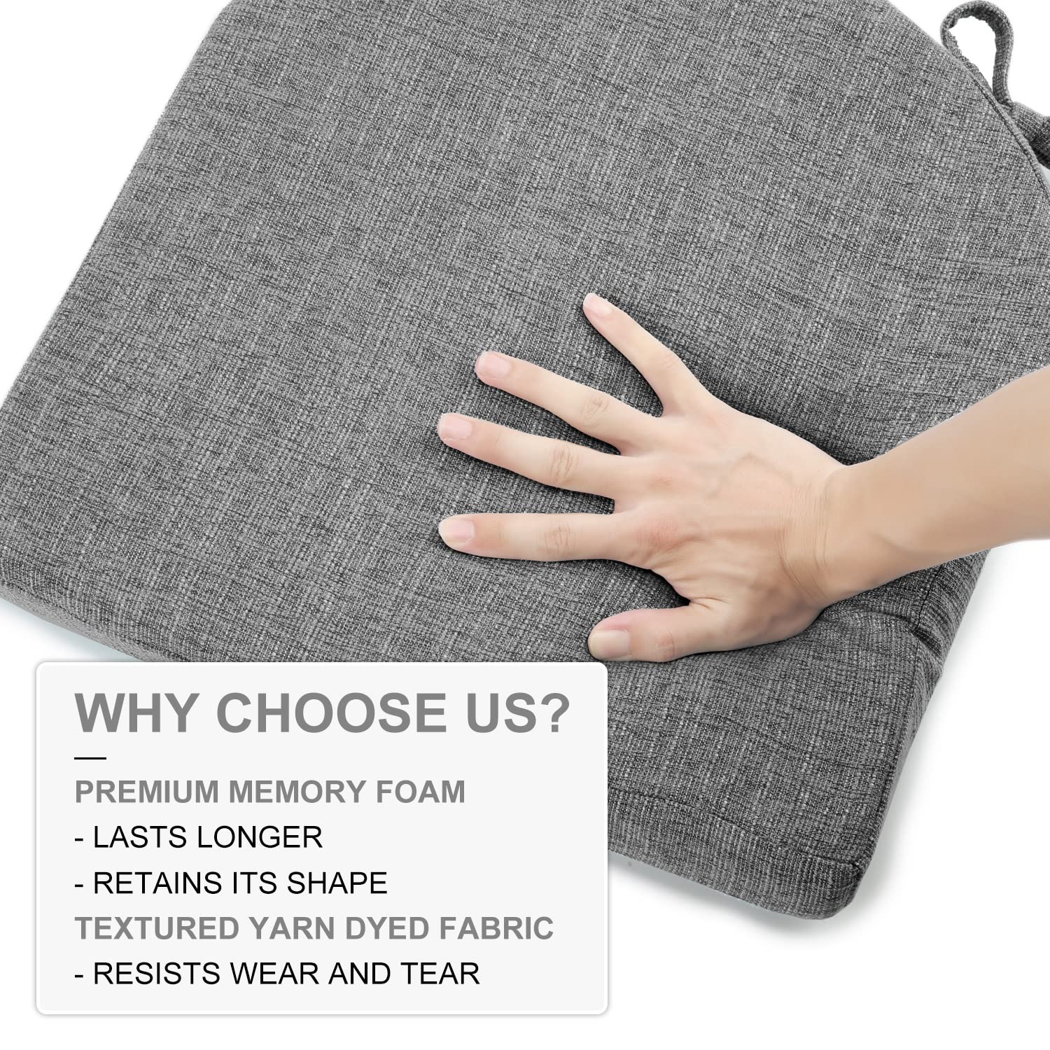 LOVTEX Chair Cushions for Dining Chairs 4 Pack - Memory Foam Chair Pads with Ties and Non-Slip Backing - Seat Cushion for Kitchen Chair 16"X16"X2", Dark Gray