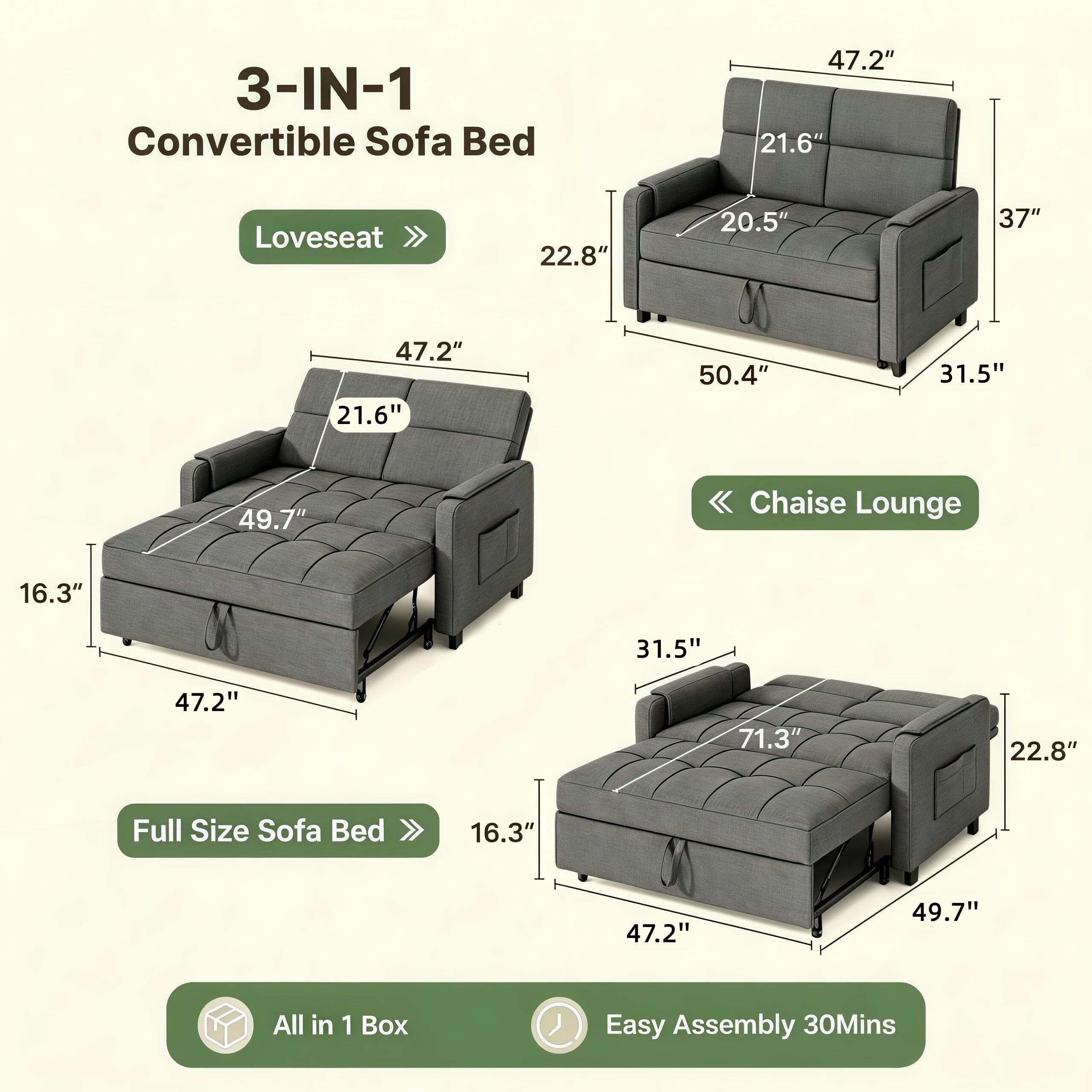 Gizoon Convertible Sofa Bed Modern Couch Bed & Small Loveseat Sleeper, Grey | 3 in 1 Pull out Couch, Space-Saving Design, 5-Position Adjustable Futon Sofa Bed for Living Room, Apartment, Guest Room