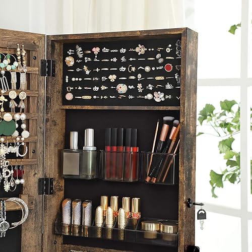 Miniatura 4 de SONGMICS Armario de joyería de espejo armario de almacenamiento de cosméticos 3 en 1 armario de joyería con cerradura con espejo estante de malla