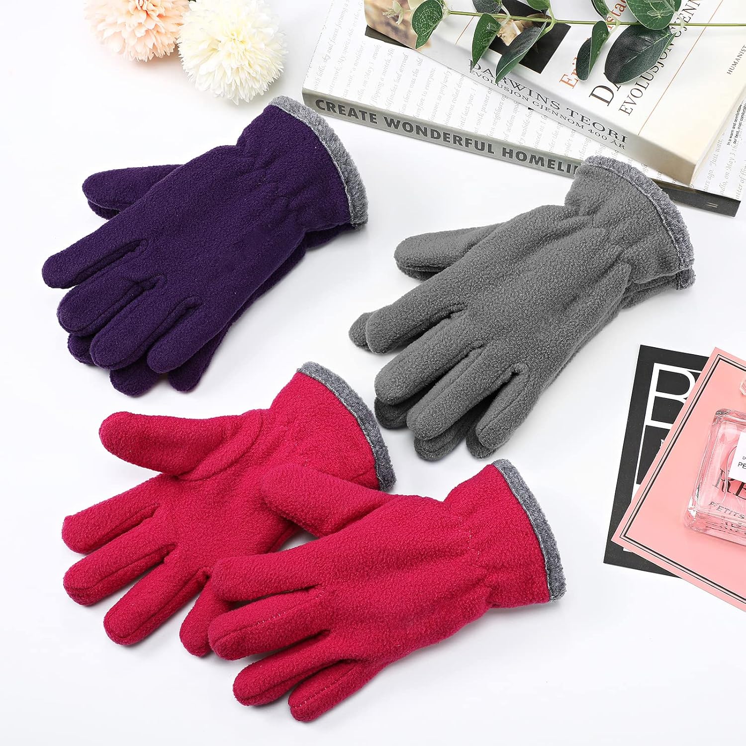 3 Pairs Kids Fleece Gloves Winter Full Fingers Gloves Soft Warm Mittens for Boys Girls Outdoors Activity Supplies (Purple, Red, Grey): Clothing, Shoes & Jewelry