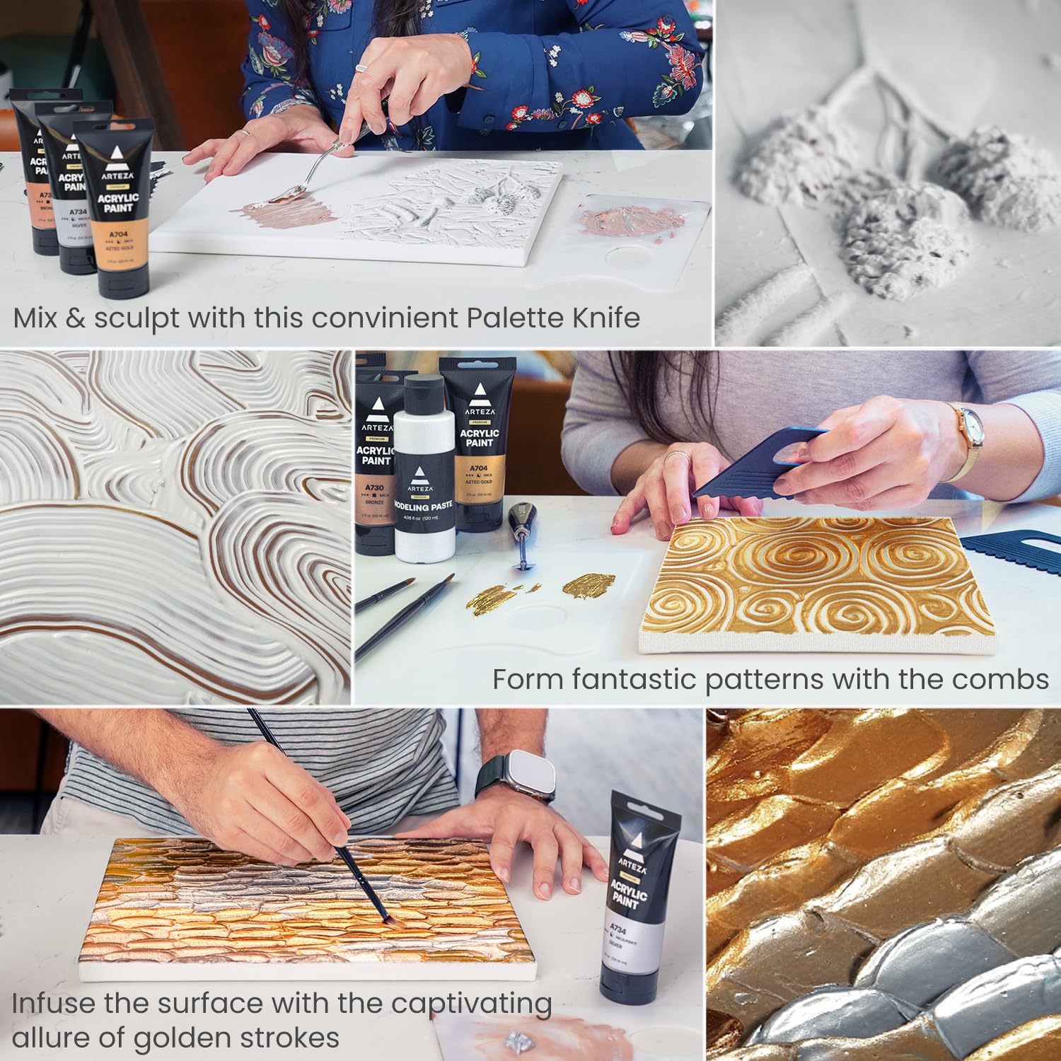 ARTEZA Set di colori acrilici per texture, set per pittura con colori acrilici metallici (oro, argento, bronzo), tele allungate 8 x 10, pasta modellante e strumenti per texture in silicone, set di