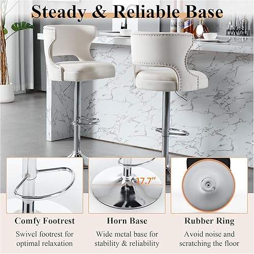 Miniatura 7 de Juego de 2 taburetes de bar ajustables, taburetes de bar giratorios de terciopelo con respaldo hueco, sillas de bar tapizadas suaves para cocina,
