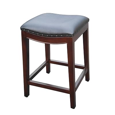 D-ART COLLECTION Bali Wave 24" Mahogany & Faux Leather Counter Stool in Brown