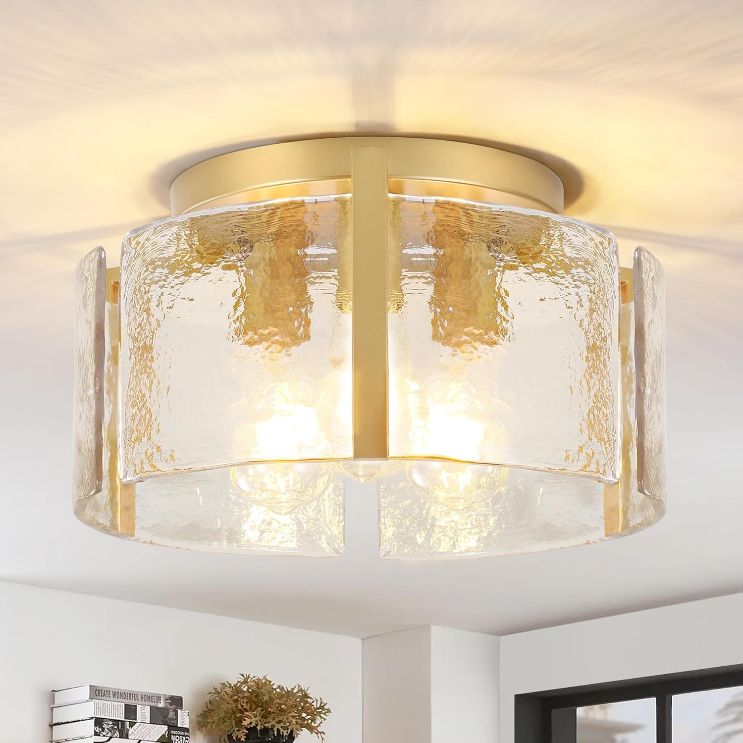 Gold Semi Flush Mount Flush Mount Ceiling Light,15''Modern Hallway Light Fixtures Ceiling Mount,3-Light Drum Glass Ceiling Lights for Kitchen Entryway Foyer Dining Room Bedroom Laundry