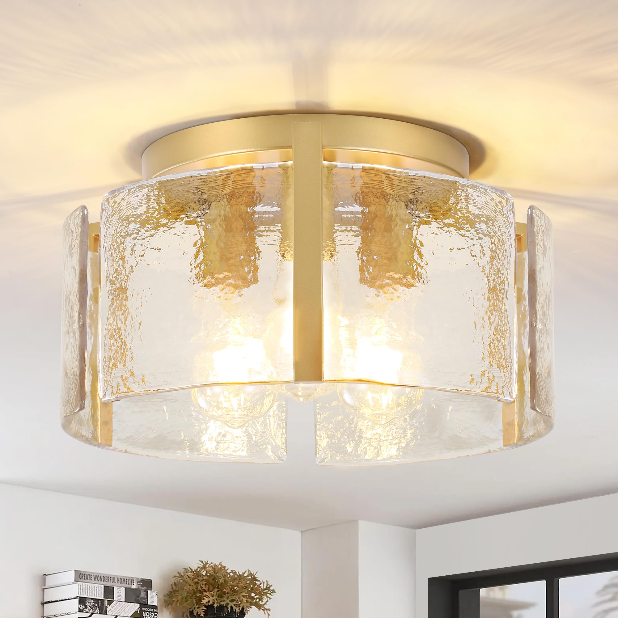 Gold Semi Flush Mount Flush Mount Ceiling Light 15Modern Hallway Light Fixtures Ceiling Mount 3-Light Drum Glass Ceiling