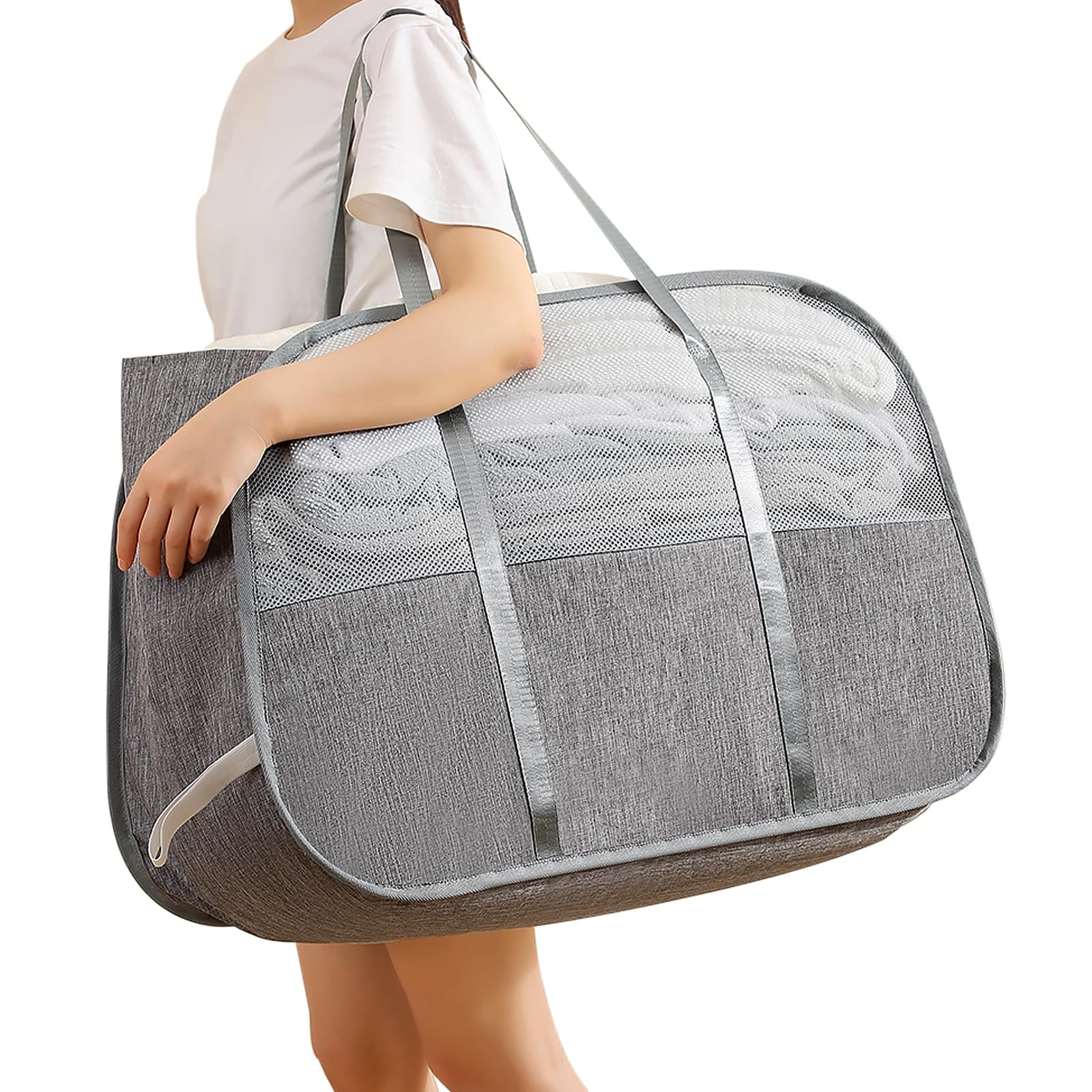 collapsible laundry baskets with easy carry handles, 95l clothes hamper for storage, foldable laundry basket tear-proof, large pop up hampers for laundry, bedroom, bathroom, dorm grey