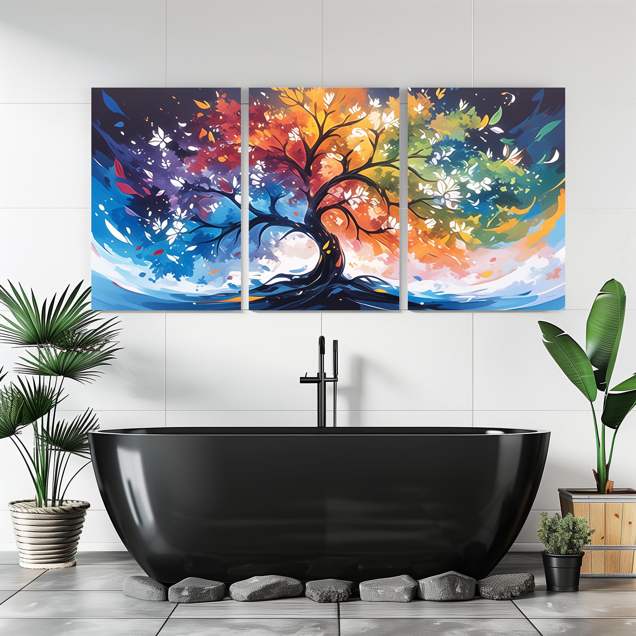 絵画 TREE Amazon.com: 3Pcs Colorful Tree Picture Wall Art Tree Canvas
