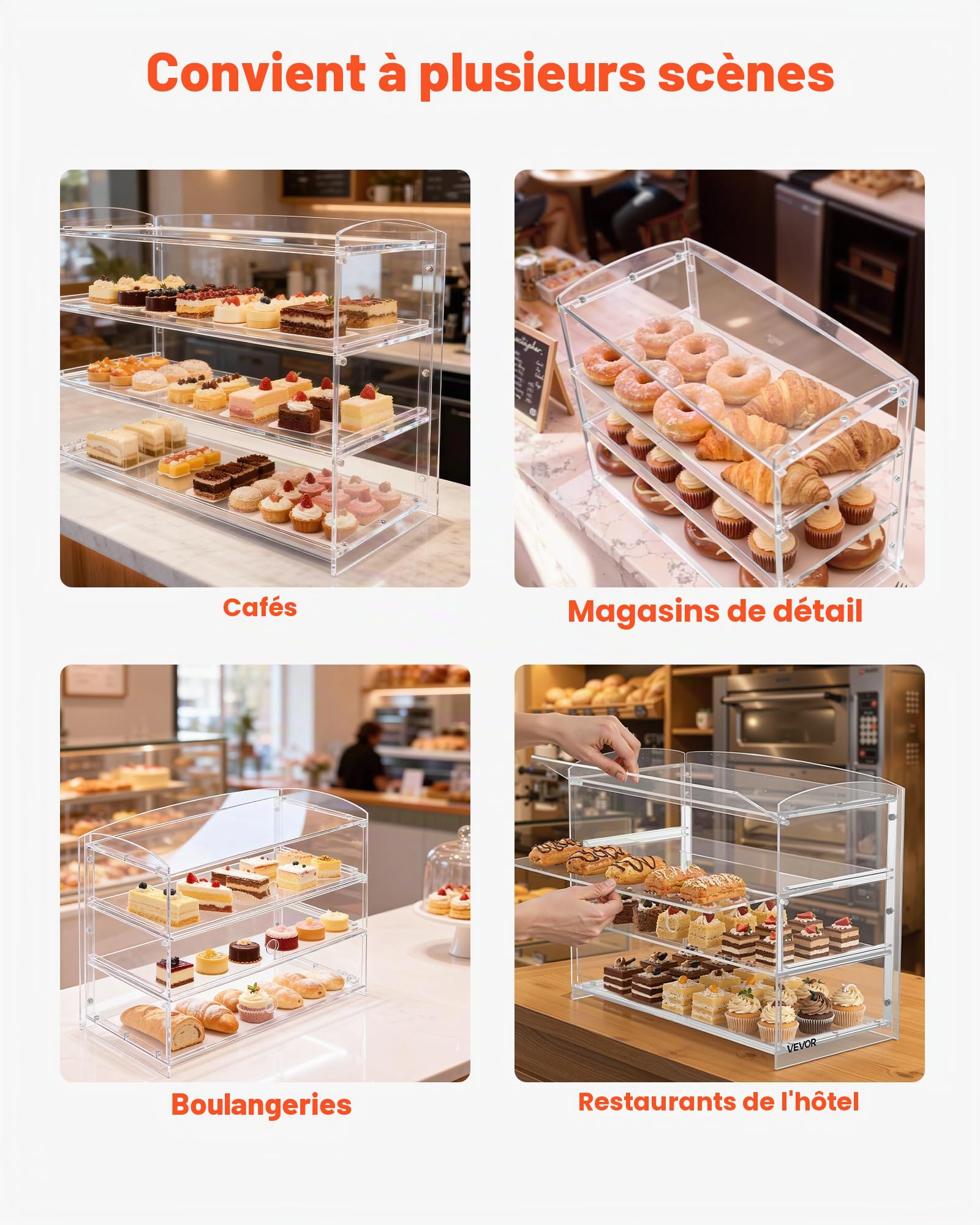 VEVOR Vitrine Comptoir de Boulangerie de 48,2x23,2x38 cm à 3 Niveaux, Présentoir à Pâtisserie en Acrylique Transparent, pour Présentation Biscuits Desserts Beignets Pains, avec Porte Relevable