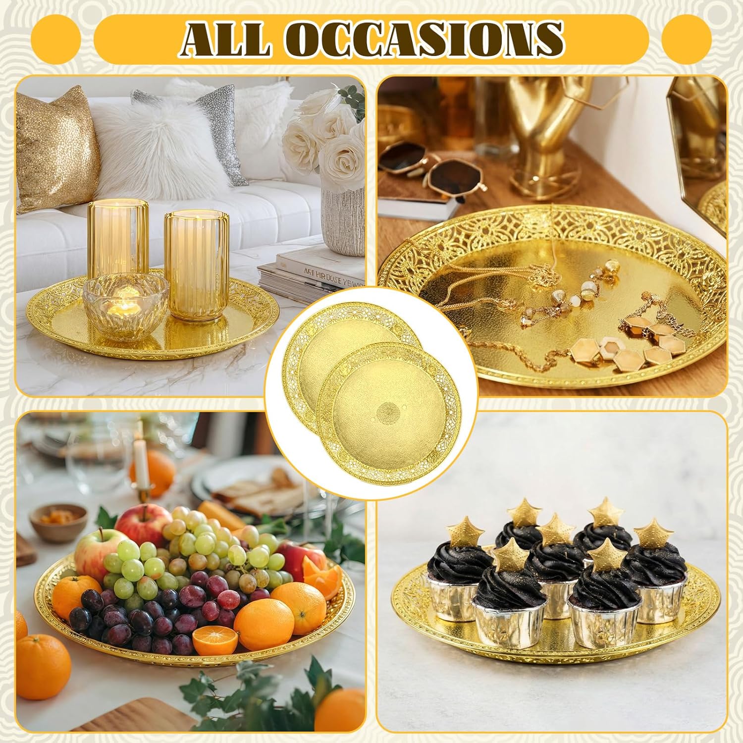 10 Pack Gold Plastic Serving Tray Bulk Lightweight Round Party Snack Serving Tray Reusable Decorative Food Appetizer Platter for Coffee Tea Dessert Fruit Wedding Party Buffet(14.2 Inches)