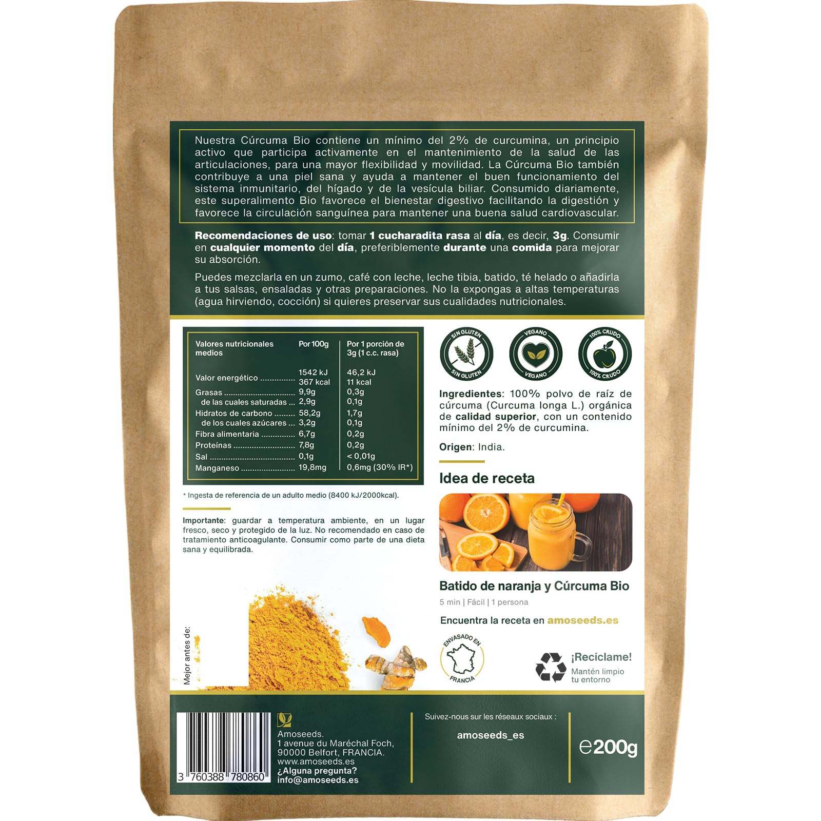 Cúrcuma en polvo Bio 200G | 100% Raíces de Cúrcuma Orgánica con Curcumina | Articulaciones, Digestión | Para Comidas, Golden Latte | Primera Calidad