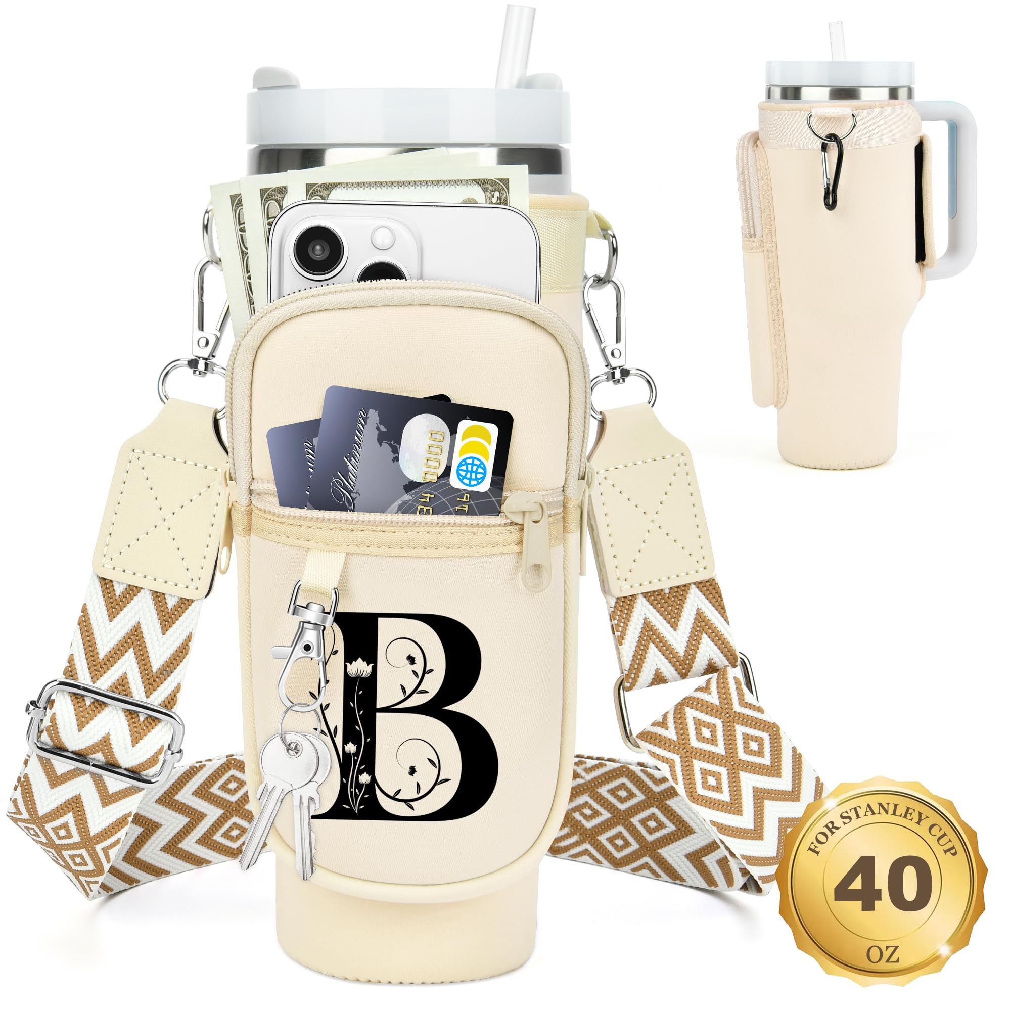 Initial Water Bottle Holder with Strap for Stanley Cup 40 oz Tumbler