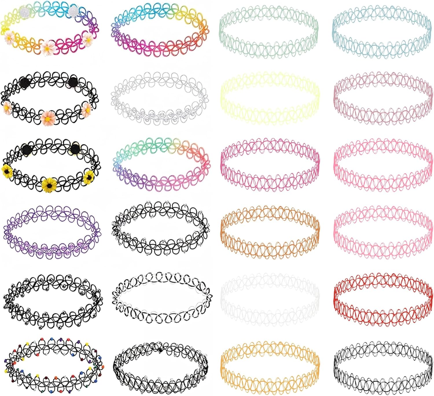 BodyJ4You 24PC Tattoo Choker Necklace - 90s Choker Necklaces Y2K Fashion Trendy Vintage - Daisy Flower Charm Colorful Rainbow Black Goth Pendant - Stretchy Elastic Necklace Summer Gift Set