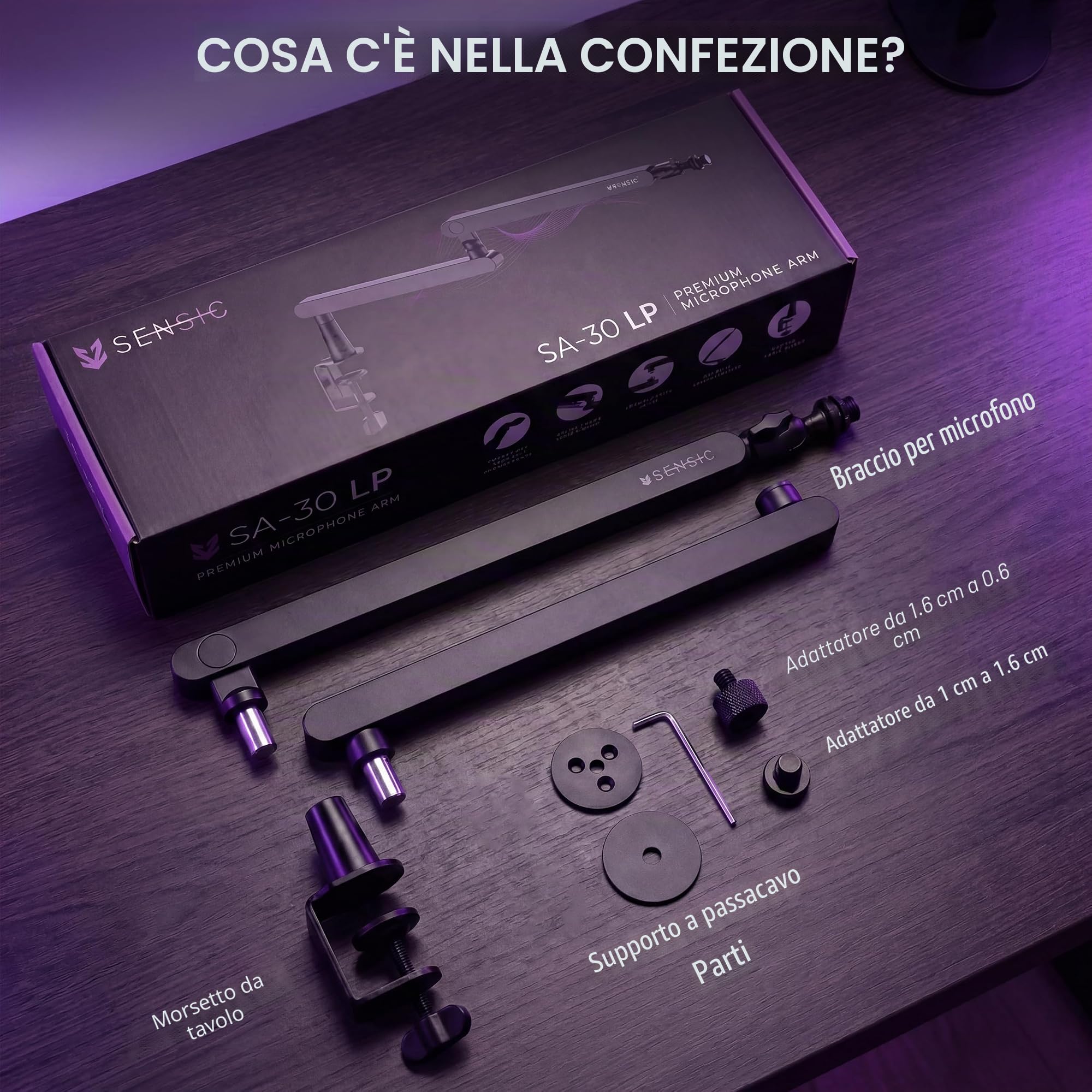 Sensic SA-30 LP Braccio per microfono a basso profilo, supporto per microfono girevole a 360°, braccio microfono a basso profilo per streaming con gestione dei cavi, supporto microfono professionale,