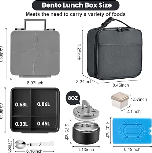 Miniatura 7 de Lonchera Bento con termo de sopa de 8 onzas, a prueba de fugas, 4 compartimentos, para niños, con taza de salsa y bolsa de hielo, tarro de comida