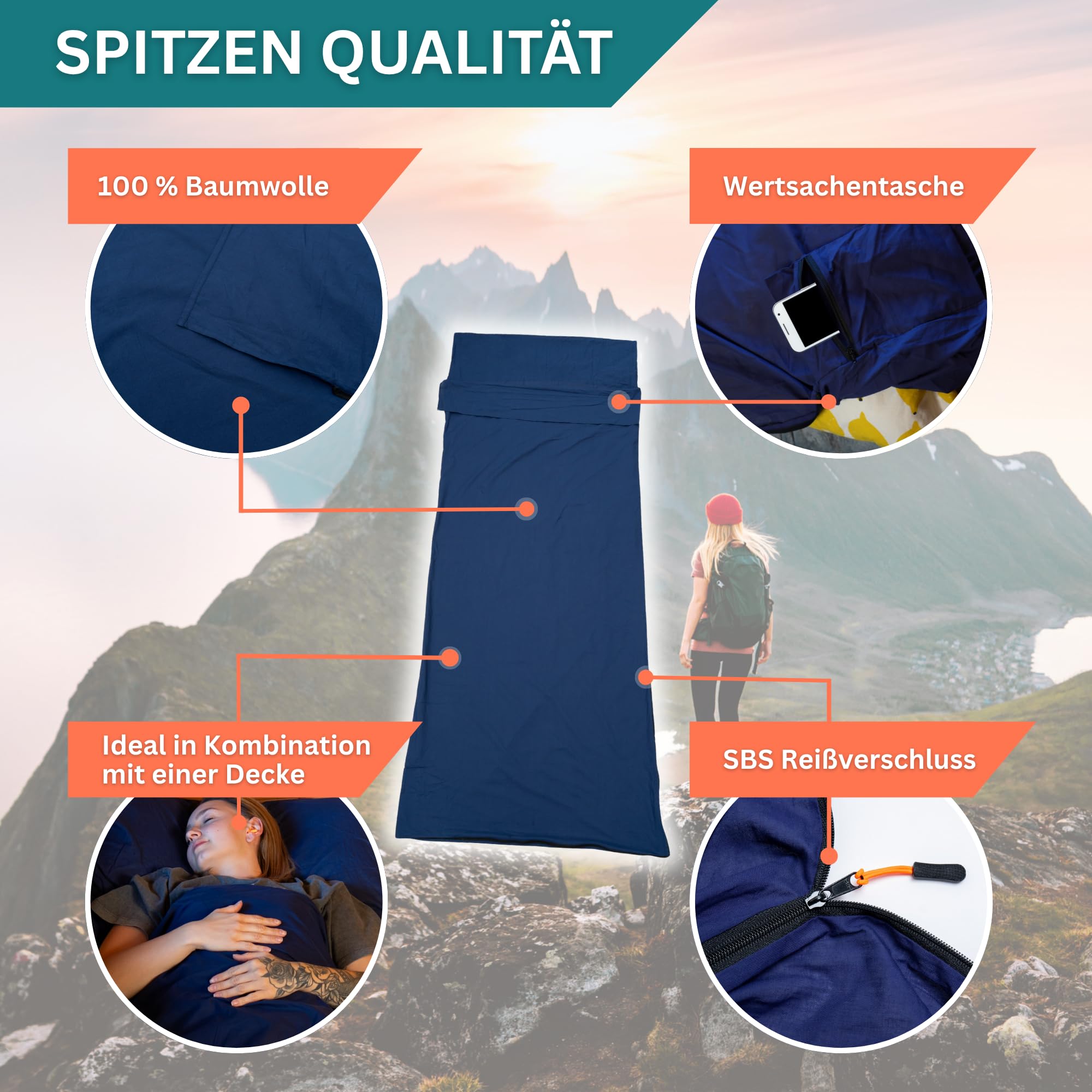 Hüttenschlafsack Baumwolle - Hüttenschlafsack ultraleicht und ultradünn ohne Fütterung - Reiseschlafsack Kleines Packmaß als Inlett mit Kissenfach - Kompakt & Klein
