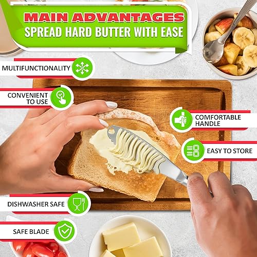 Vista 4 de Juego de 2 cuchillos de mantequilla 3 en 1 - Cuchillo de mantequilla fría con agujeros en la hoja para cortar y esparcir fácilmente - Cuchillos