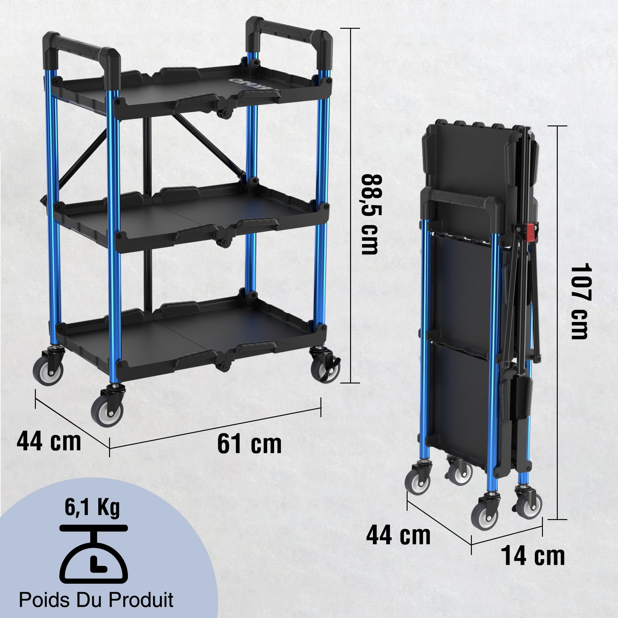 WORKPRO Chariot Pliable à 3 Niveaux, Servante d’Atelier avec roulettes, Étagère de Rangement Mobile sans Assemblage, pour Atelier, Studio d’Art et Galerie