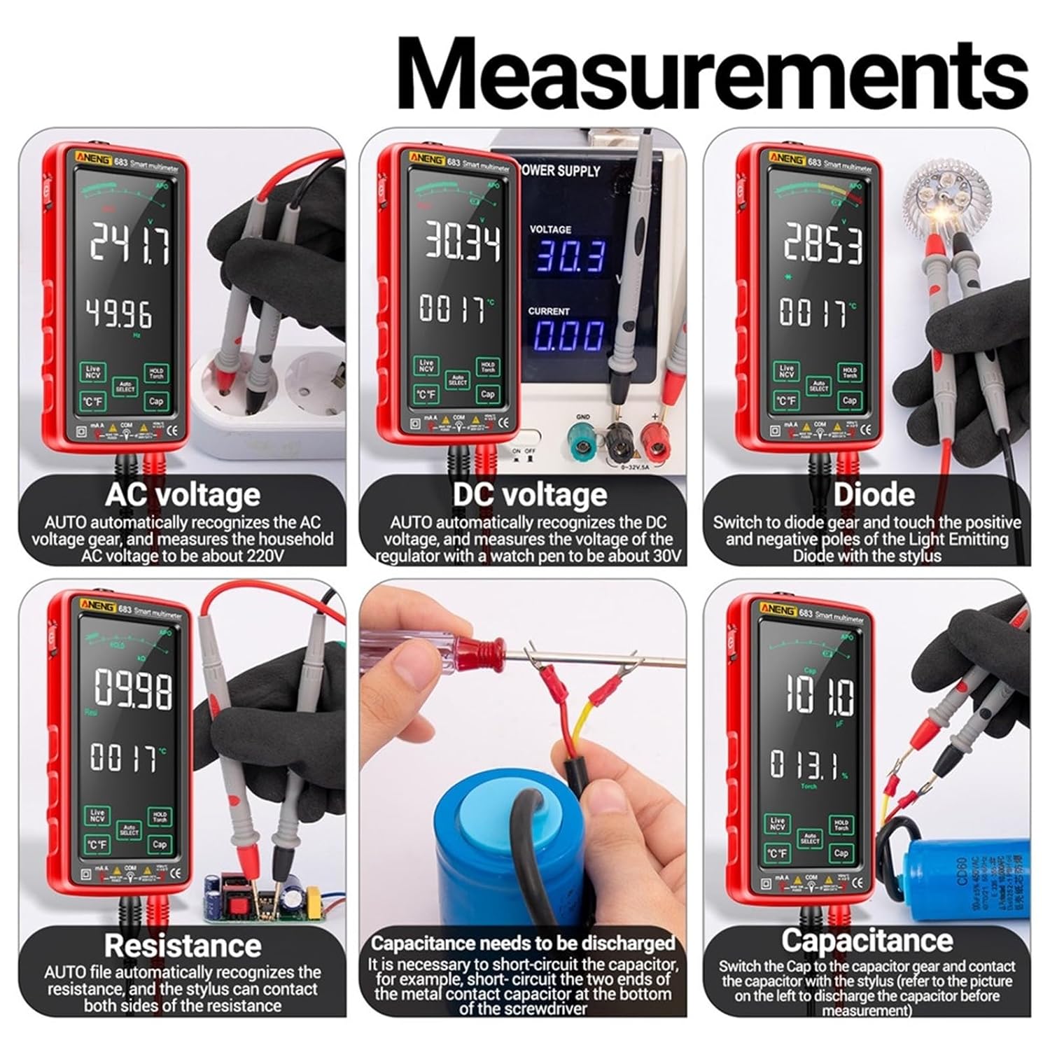 683 6000 Count Smart Touch Screen Multimeter Rechargeable Ammeter AC/DC Voltage Current Tester NCV Diode Electrician Tool(683 Black)