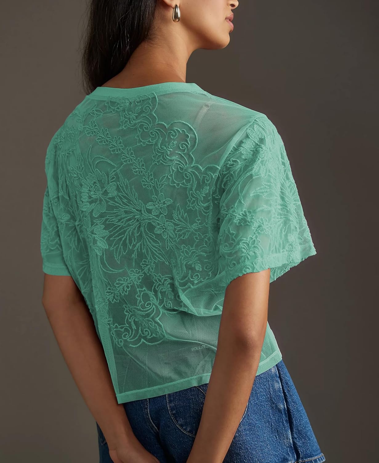 Aimiray Women's Sexy Lace Tops Short Sleeve Round Neck Mesh 3D Printed Floral Sheer Blouse See Through Layering Shirt Tops