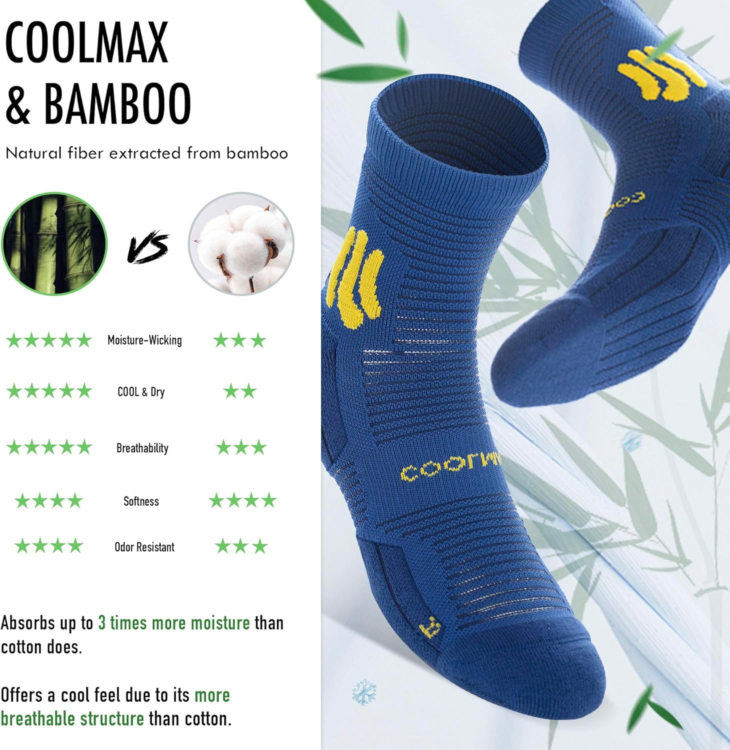 BRISIRA Coolmax Bamboo Viscose Compression Running Socks Quarter Crew Athletic Cushioned Breathable Anti Blister&Sweat&Odor - Image 3