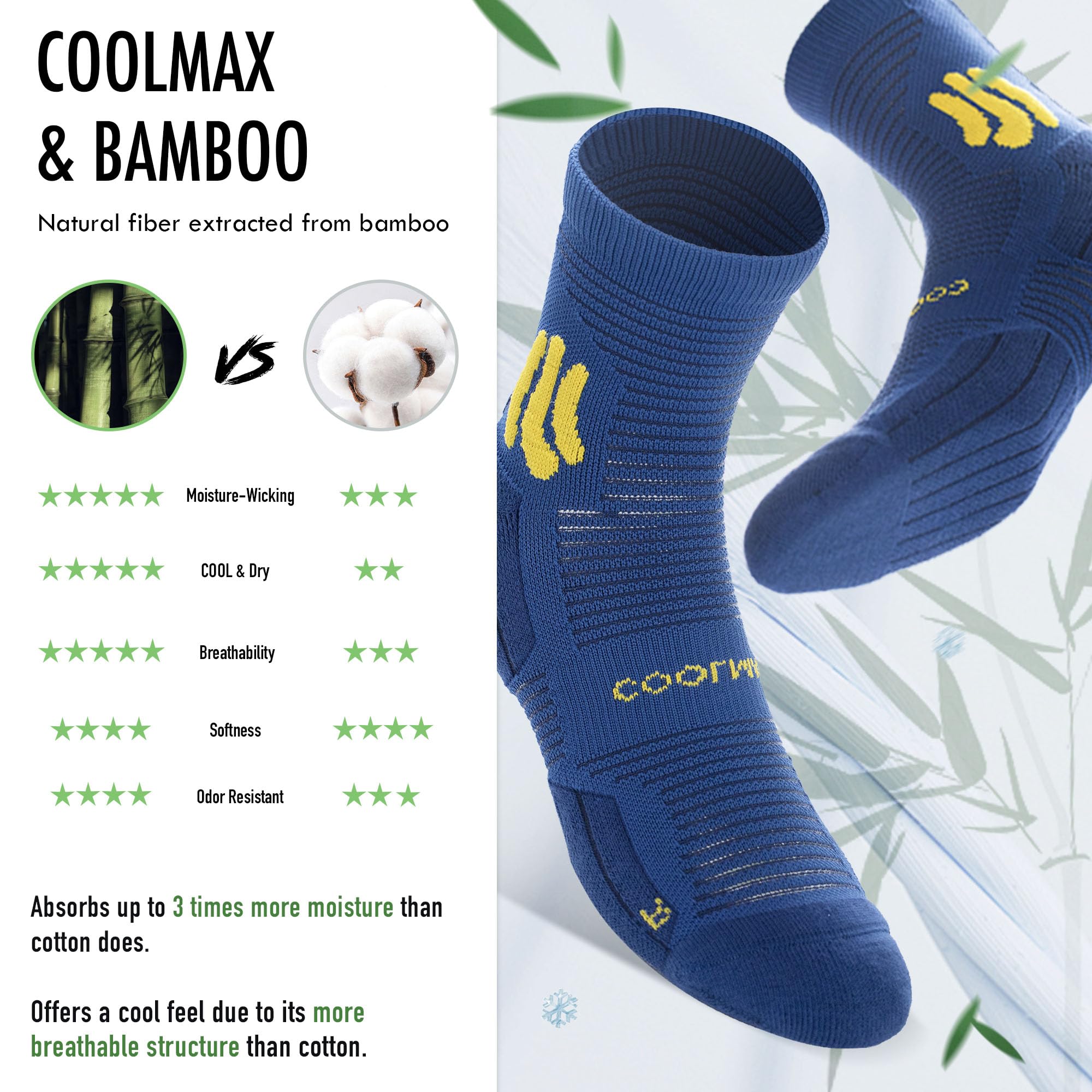 BRISIRA Coolmax Bamboo Viscose Compression Running Socks Quarter Crew Athletic Cushioned Breathable Anti Blister&Sweat&Odor
