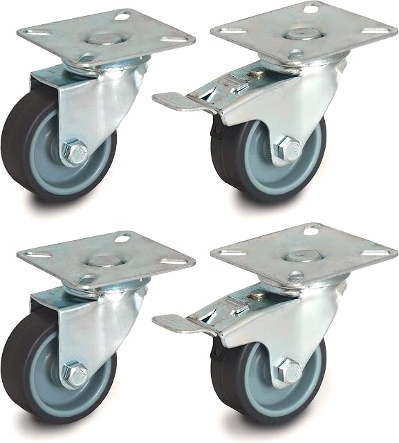 50mm Set of 4 Swivel Castors with Plate Fitting (TPR Rubber, 2 Braked / 2 Swivel, model no 6020/30050CK-x2+2)