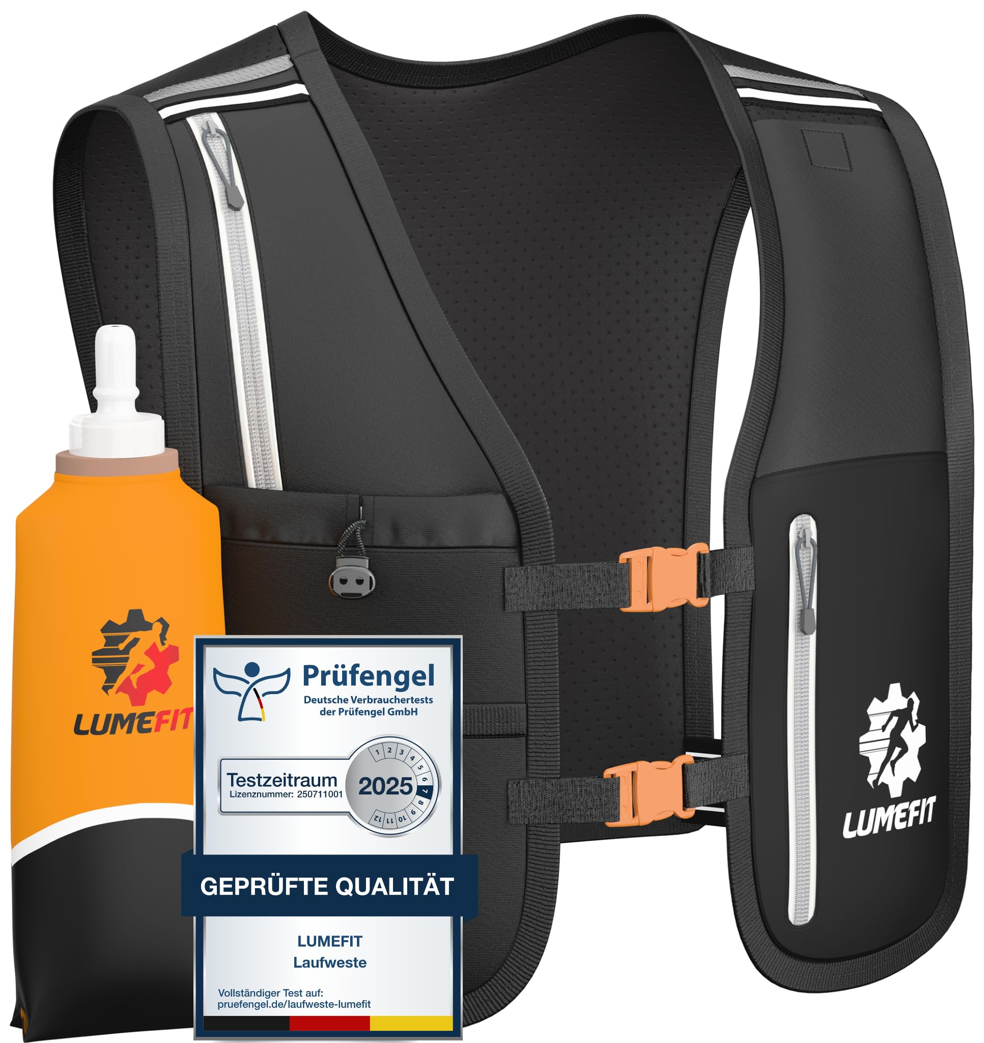 LUMEFIT Laufweste für Damen & Herren inkl. 500ml Trinkflasche - Trinkrucksack zum Laufen und Joggen Atmungsaktiv & Reflektierend - Laufrucksack Weste | Trinkweste Rucksack | Running Vest