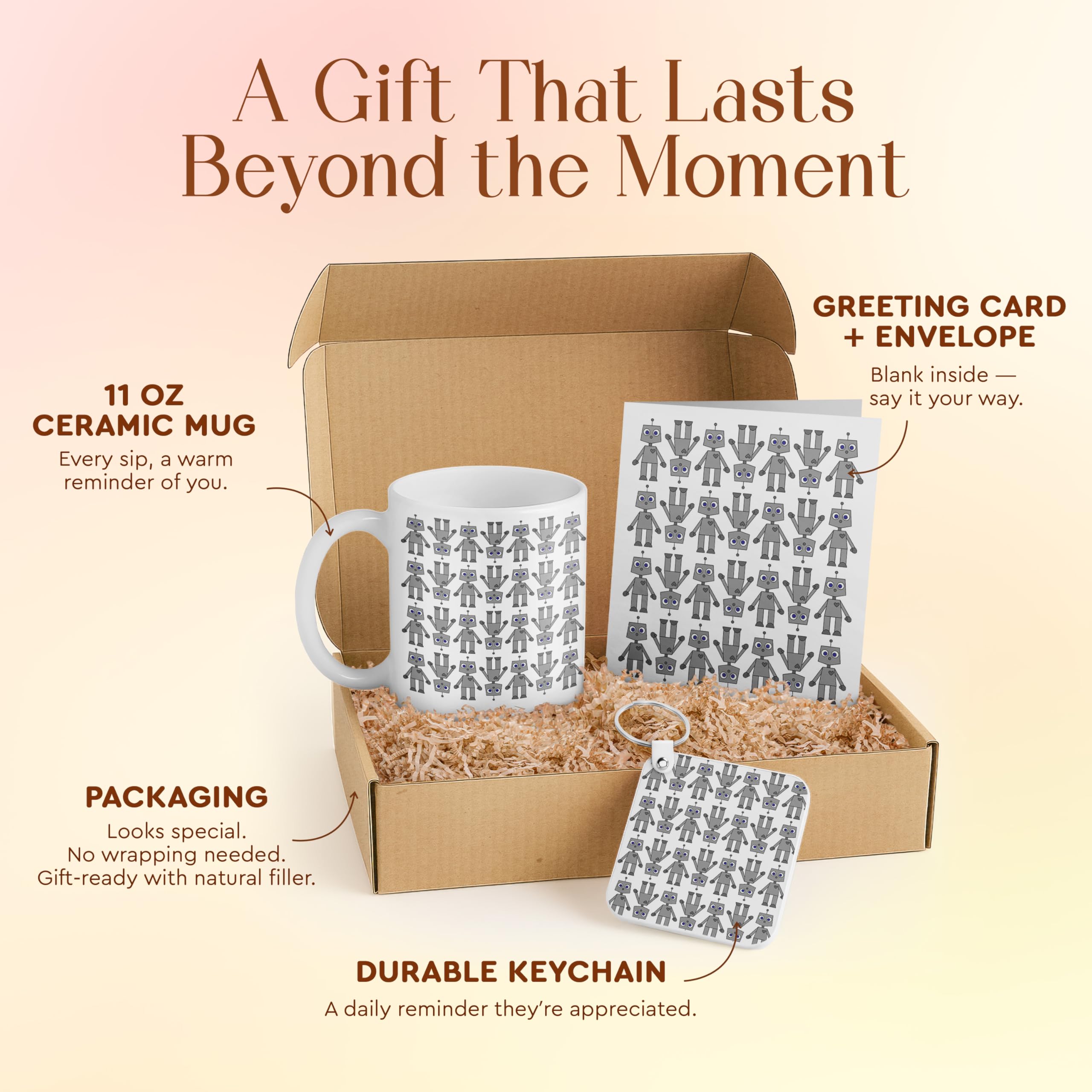 Cute Robot Gift Set for Kids - Includes Mug, Coaster, Keychain, and Card - Perfect for Birthdays, Holidays, and Robot Enthusiasts