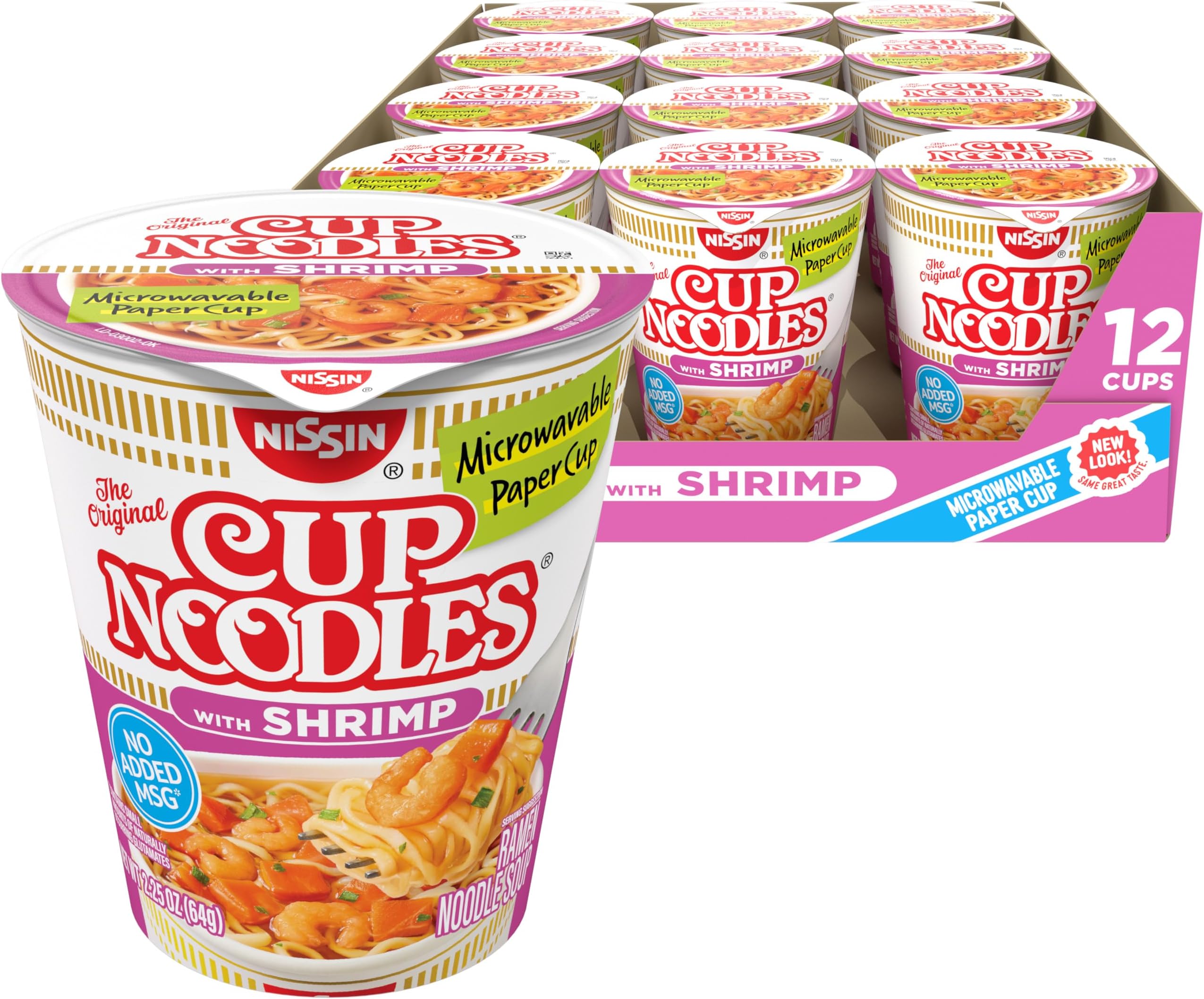 Cup Noodles Soup, Shrimp Flavor, Microwaveable Paper Cups, Instant Ramen, 2.25 Ounce (Pack of 12)
