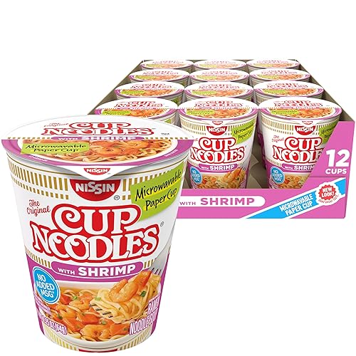 Nissin Cup Noodles Soup, Shrimp Flavor, Microwaveable Paper Cups, Instant Ramen, 2.25 Ounce (Pack of 12) - Shrimp - 2.25 Ounce (Pack of 12)