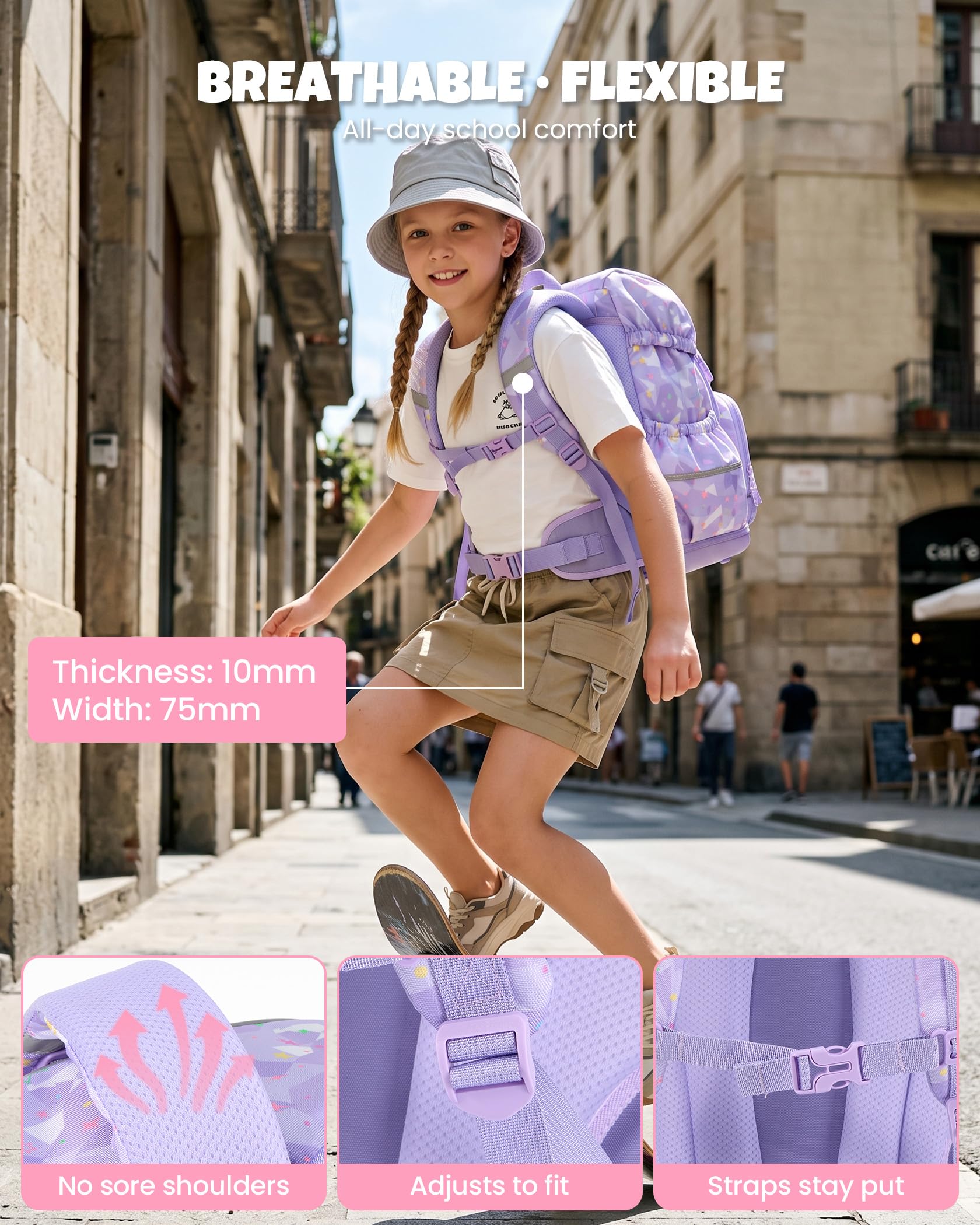 Amythe Set 3 Pezzi Zaino Ergonomico Ragazza CP-CM2, Cintura Rimovibile | Sacchetto a Cordoncino, Cartella con Divisori, Clip Pettorale, Bande Riflettenti, Antipioggia, Bambino 6-12 Anni